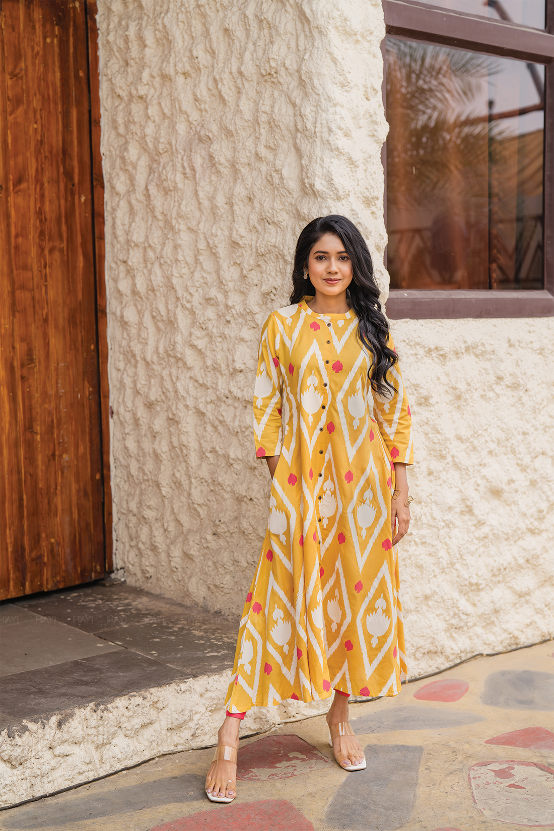 Ikat Flow Yellow Viscose A-Line Kurta with Chinese Collar & 3/4th Sleeves