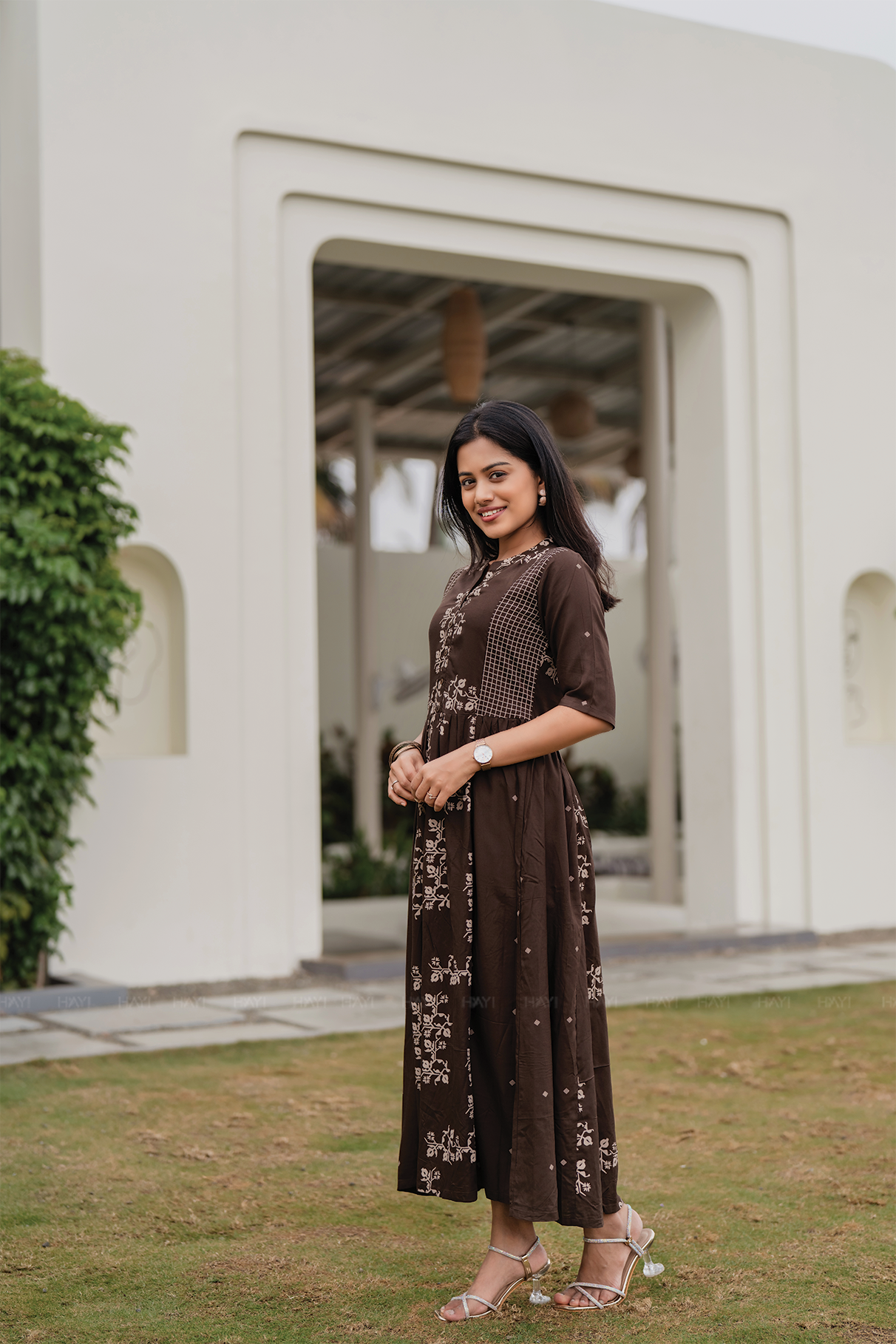 Caramel Flora Brown Viscose Dress with Chinese Collar Neck & Elbow Sleeves