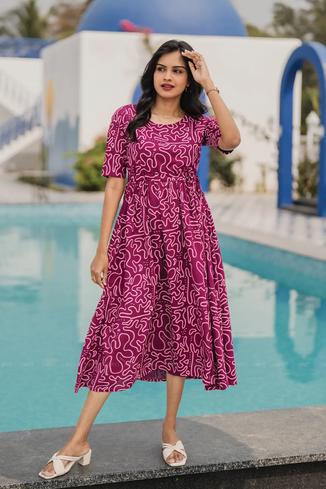 Tonal Wave Violet Viscose Dress with Round Neck & Elbow Sleeves