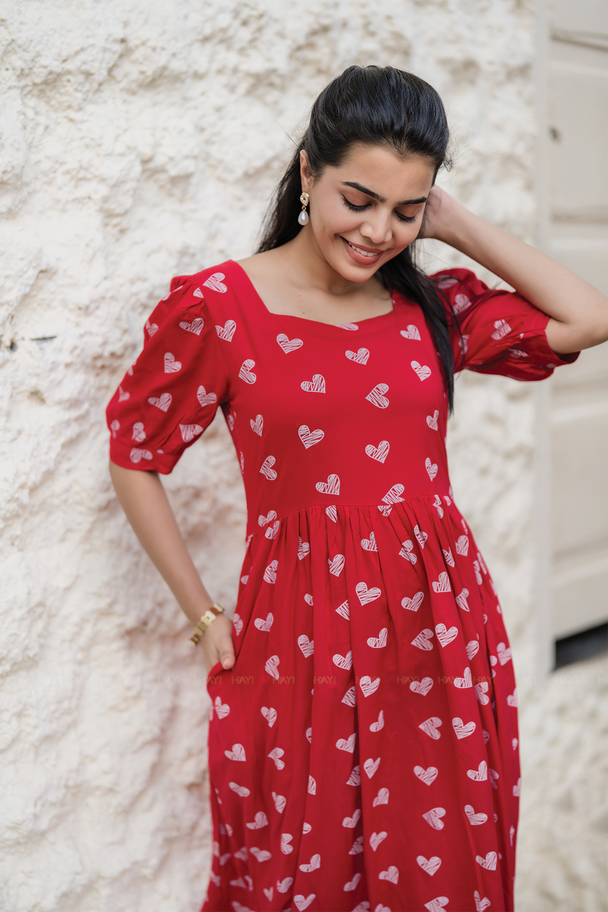 Heartspell Valentine Red Viscose Dress with Square Neck & Puff Sleeves with Cuff