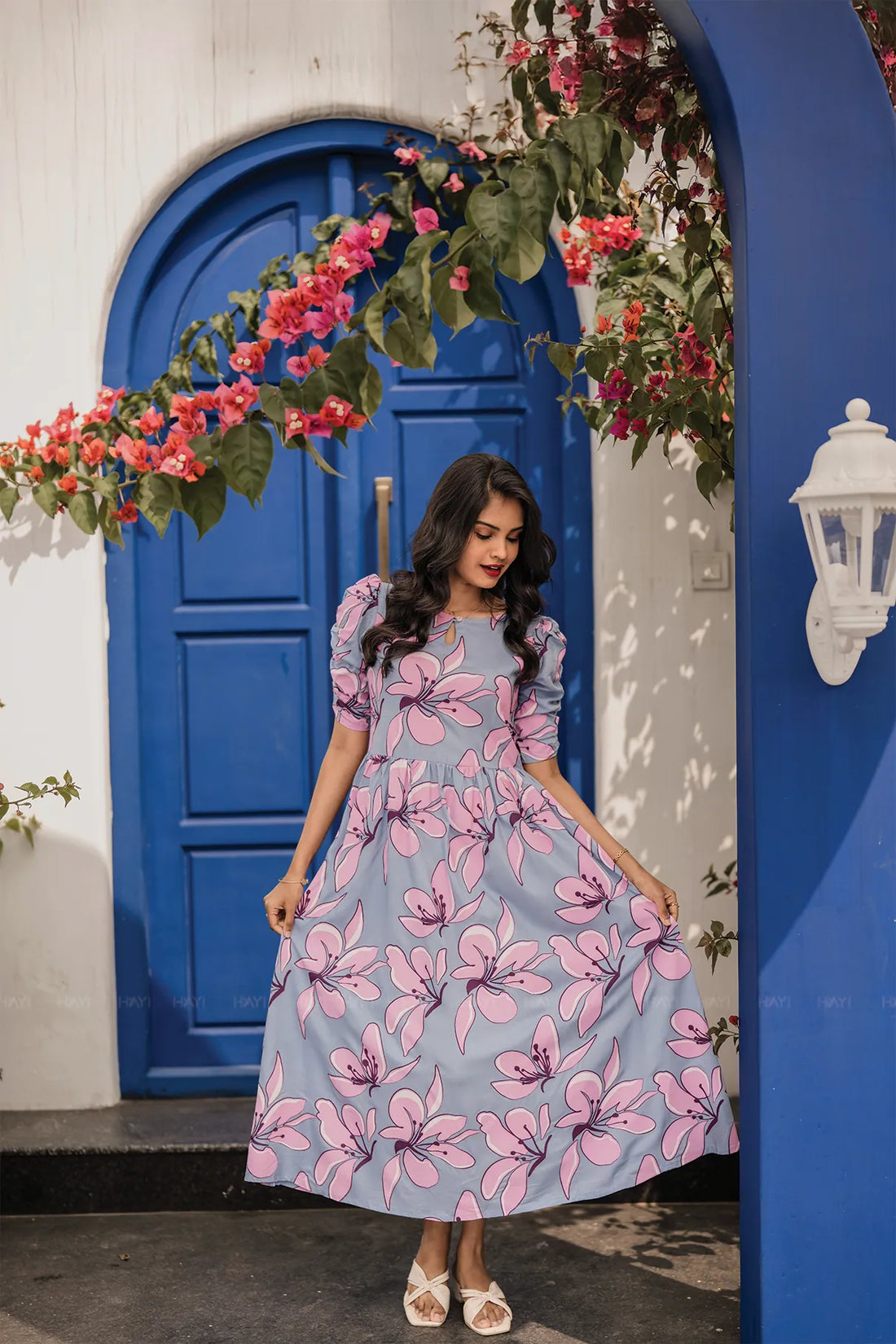 Drifting Blossoms Blue Viscose Dress with Boat Neck & Ruched Sleeves