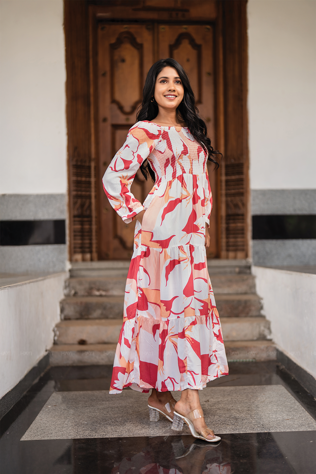 Sweet Sunset Beige Viscose Dress with Square Neckline & 3/4 Sleeves with Gathered Cuffs