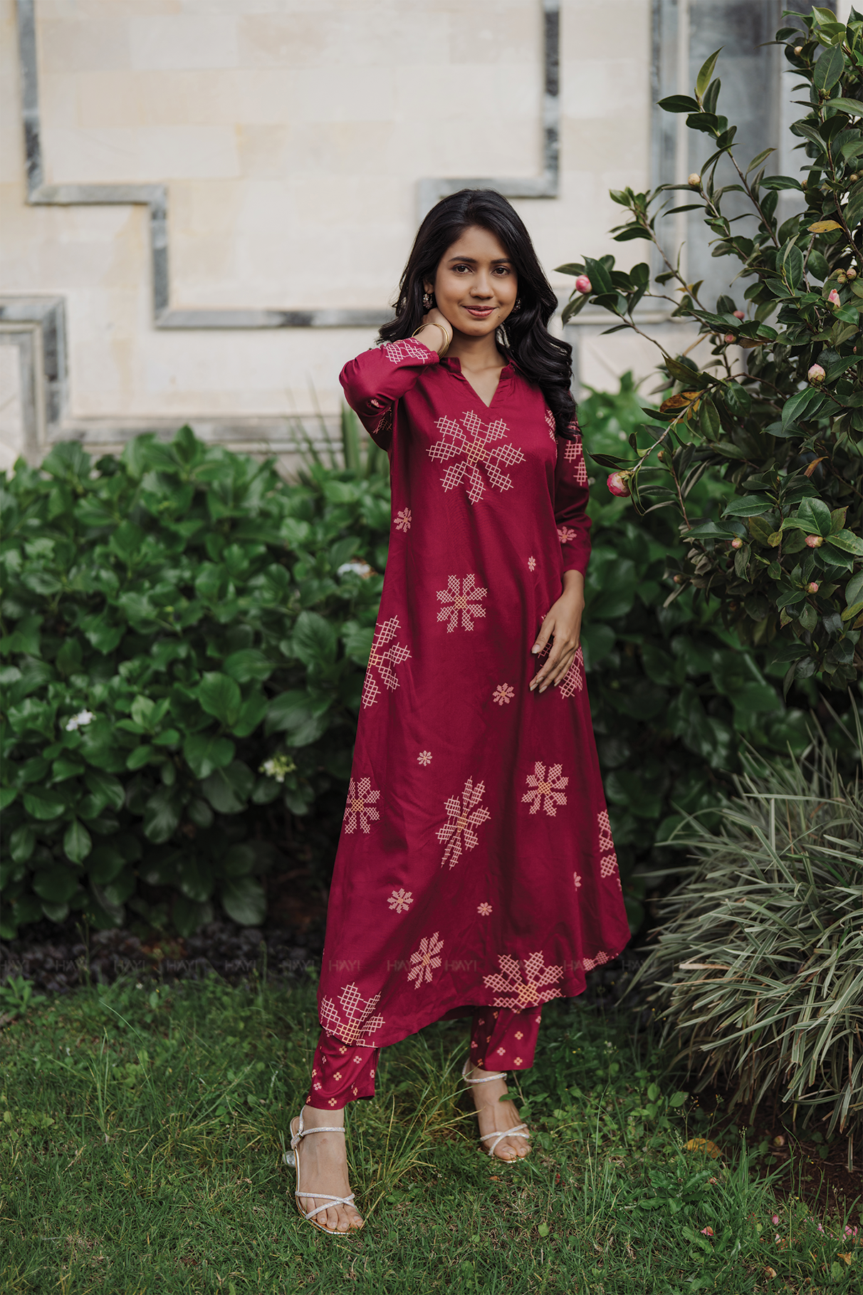 Maroon Mosaic Viscose Co-ord with Shirt Collar & 3/4th Sleeves