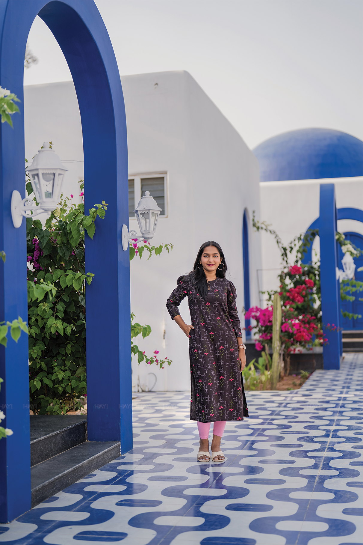 Duskmarch Floral Brown Viscose Kurta with Chinese Collar & light puff sleeve