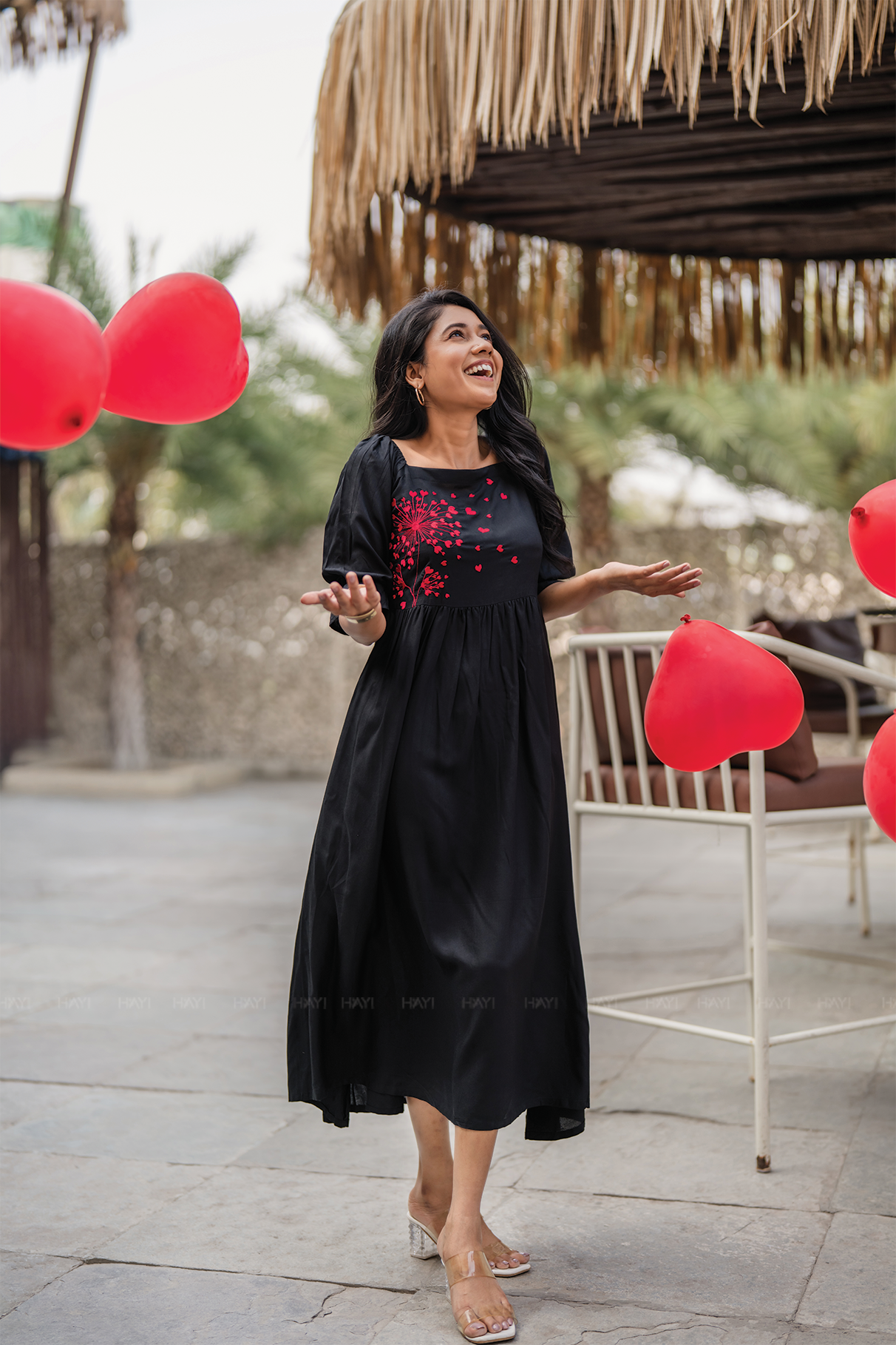 Wounded Rose Black Viscose Embroidered Dress with Square Neck & Elasticated Frill Sleeve Cuffs