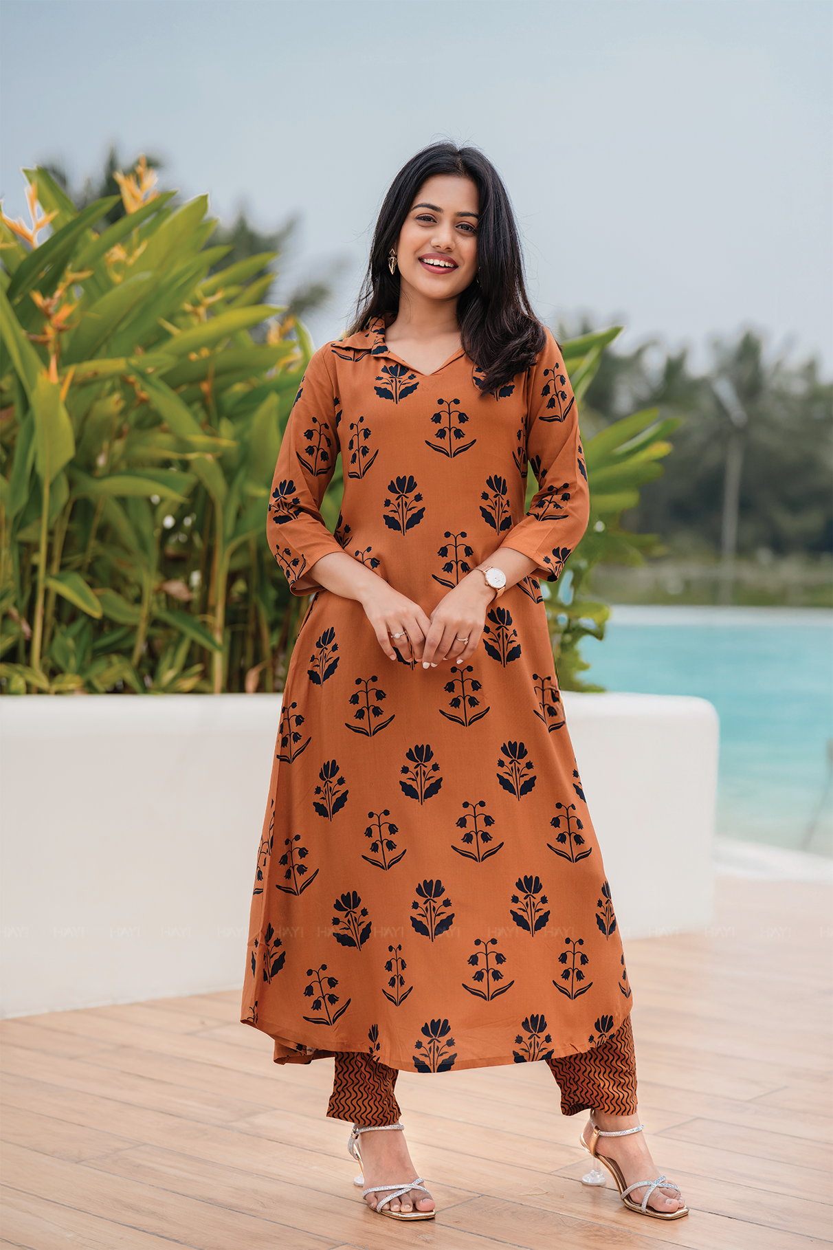 Muds Tone Orange Viscose Co-ord with Shirt Neckline & 3/4th Sleeves