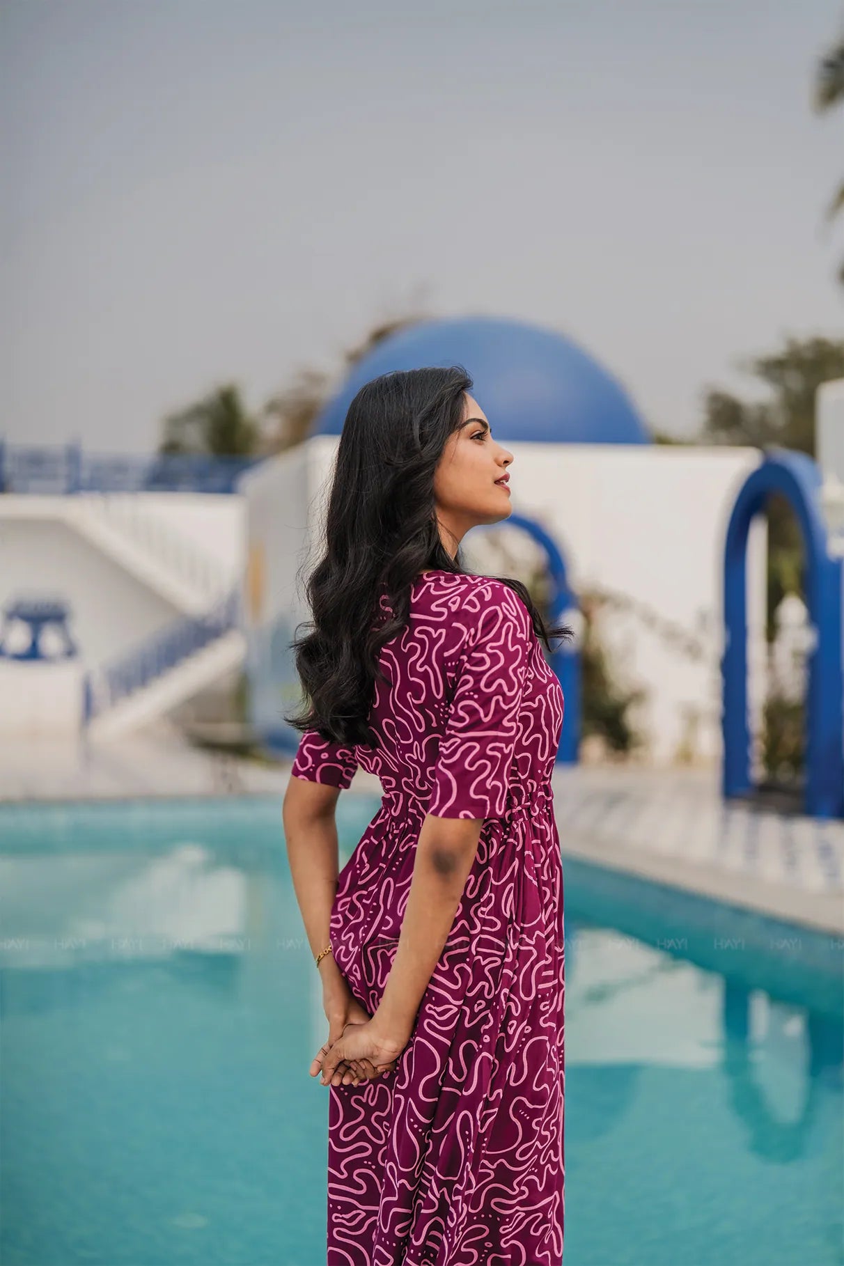 Tonal Wave Violet Viscose Dress with Round Neck & Elbow Sleeves