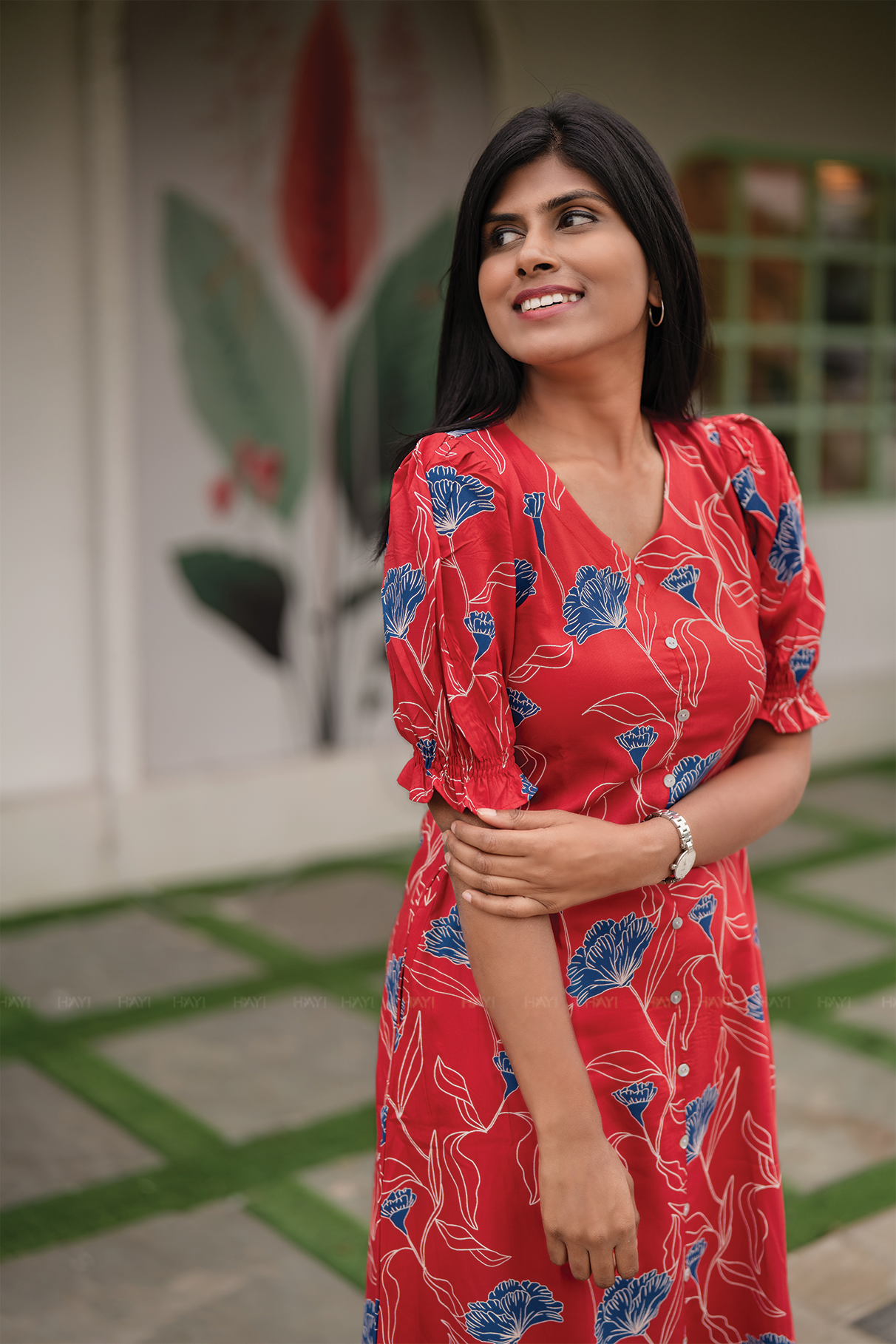 Cranberry Red Viscose A-Line kurta with V-Neck & Elasticated Frill Sleeves