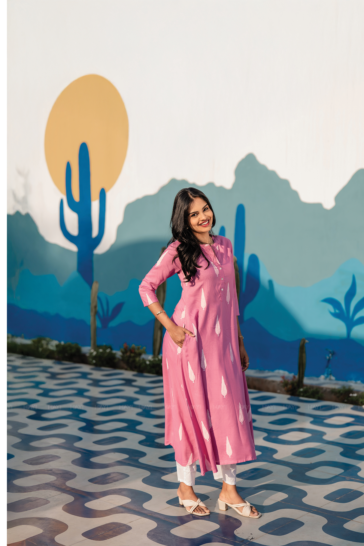 Blush Fern Onion Pink Viscose A-Line Kurta with Chinese Collar & 3/4th Sleeves