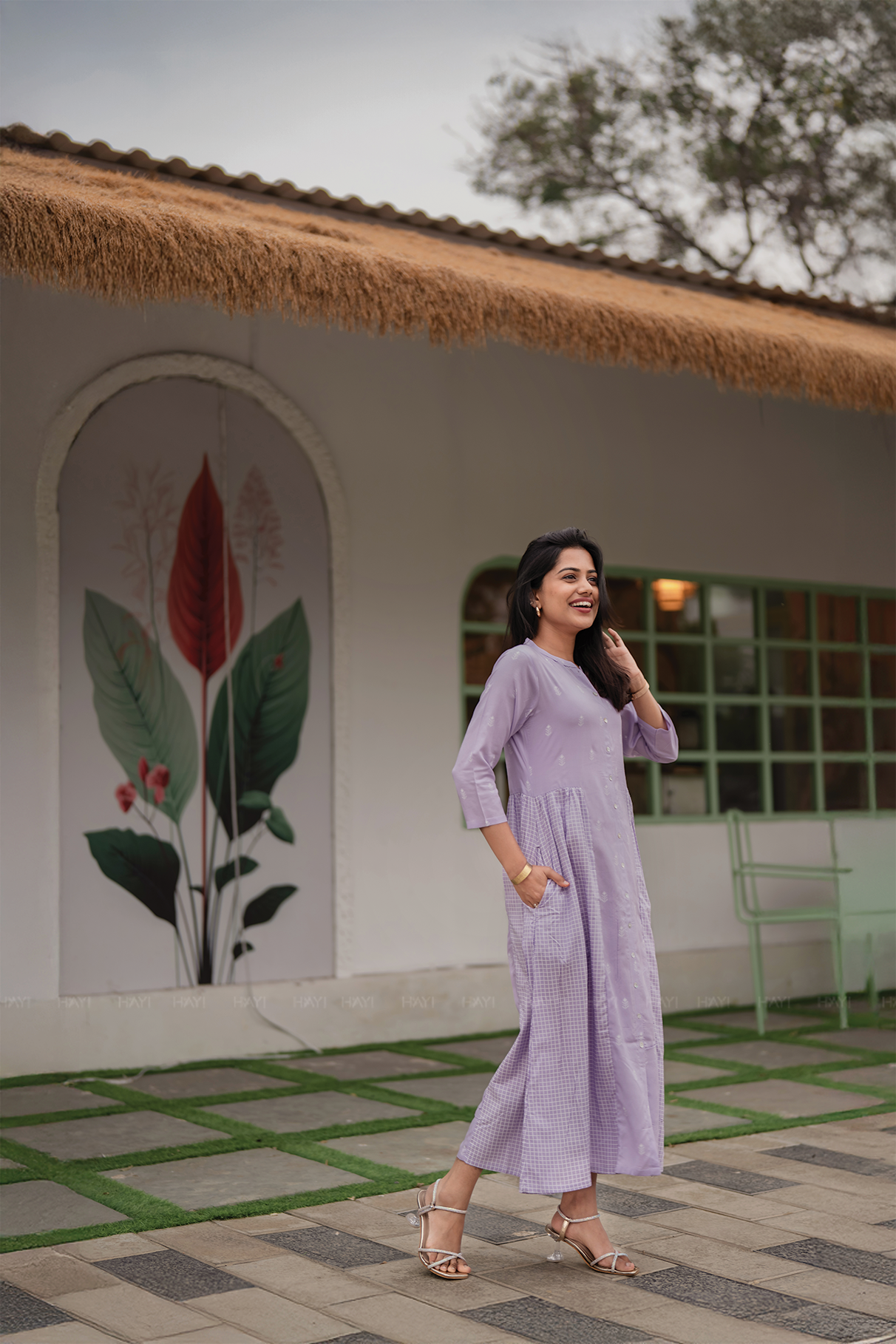 Lavender Fall Viscose A-Line kurta with Chinese Collar Neck & 3/4th Sleeves