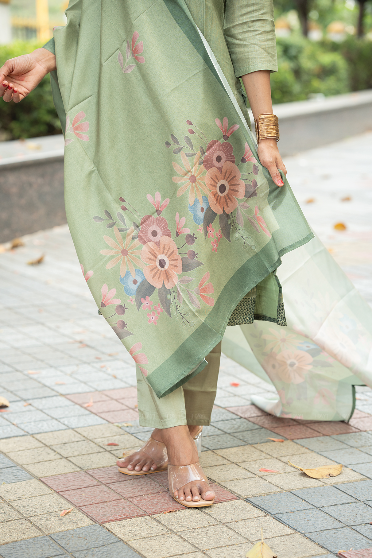 Matcha Bloom 3 Piece Tussar Silk Printed Kurta Set with Dupatta