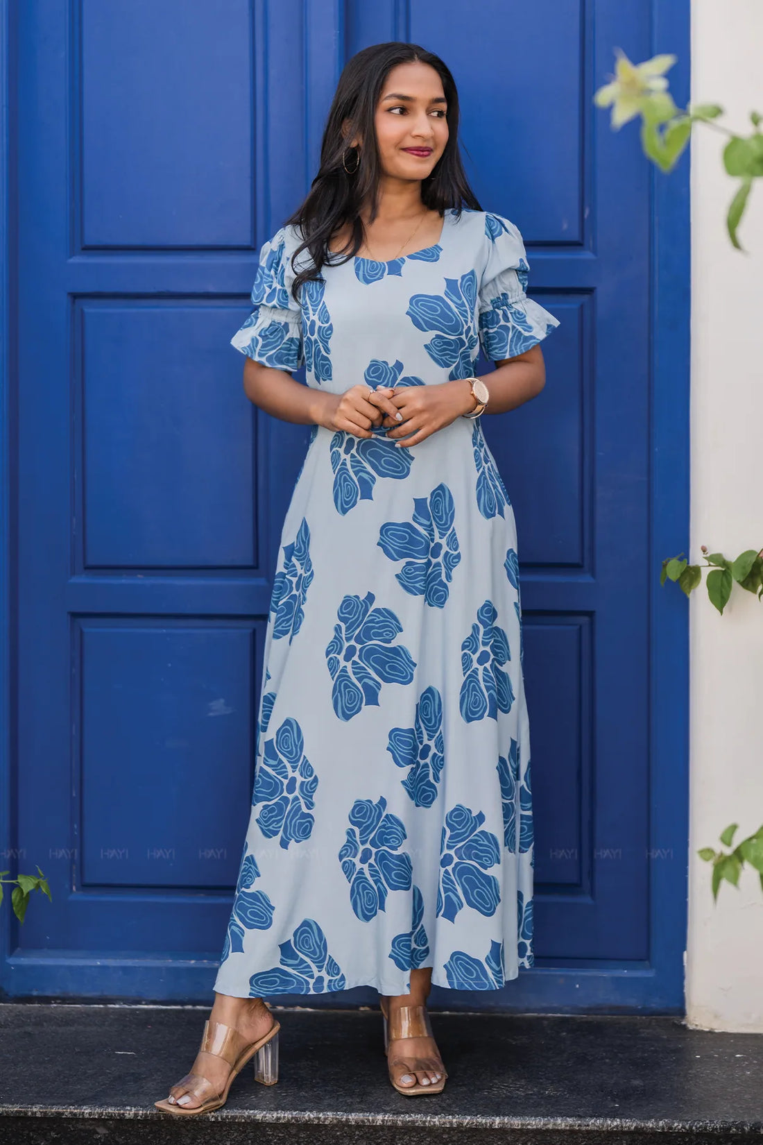 Cloud Tale Blue Viscose Dress with Sweetheart Neck & Elasticated Frill Sleeves