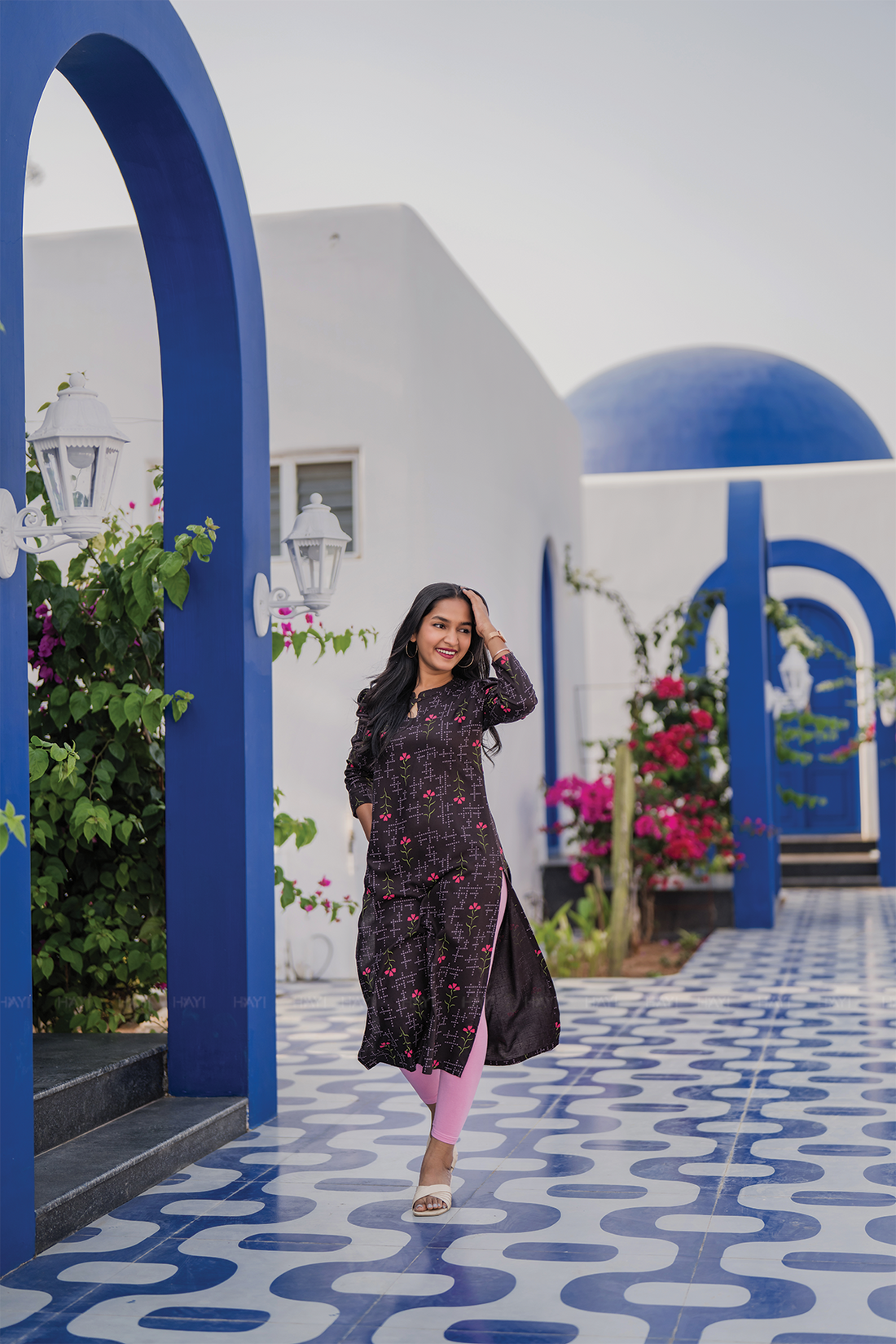 Duskmarch Floral Brown Viscose Kurta with Chinese Collar & light puff sleeve