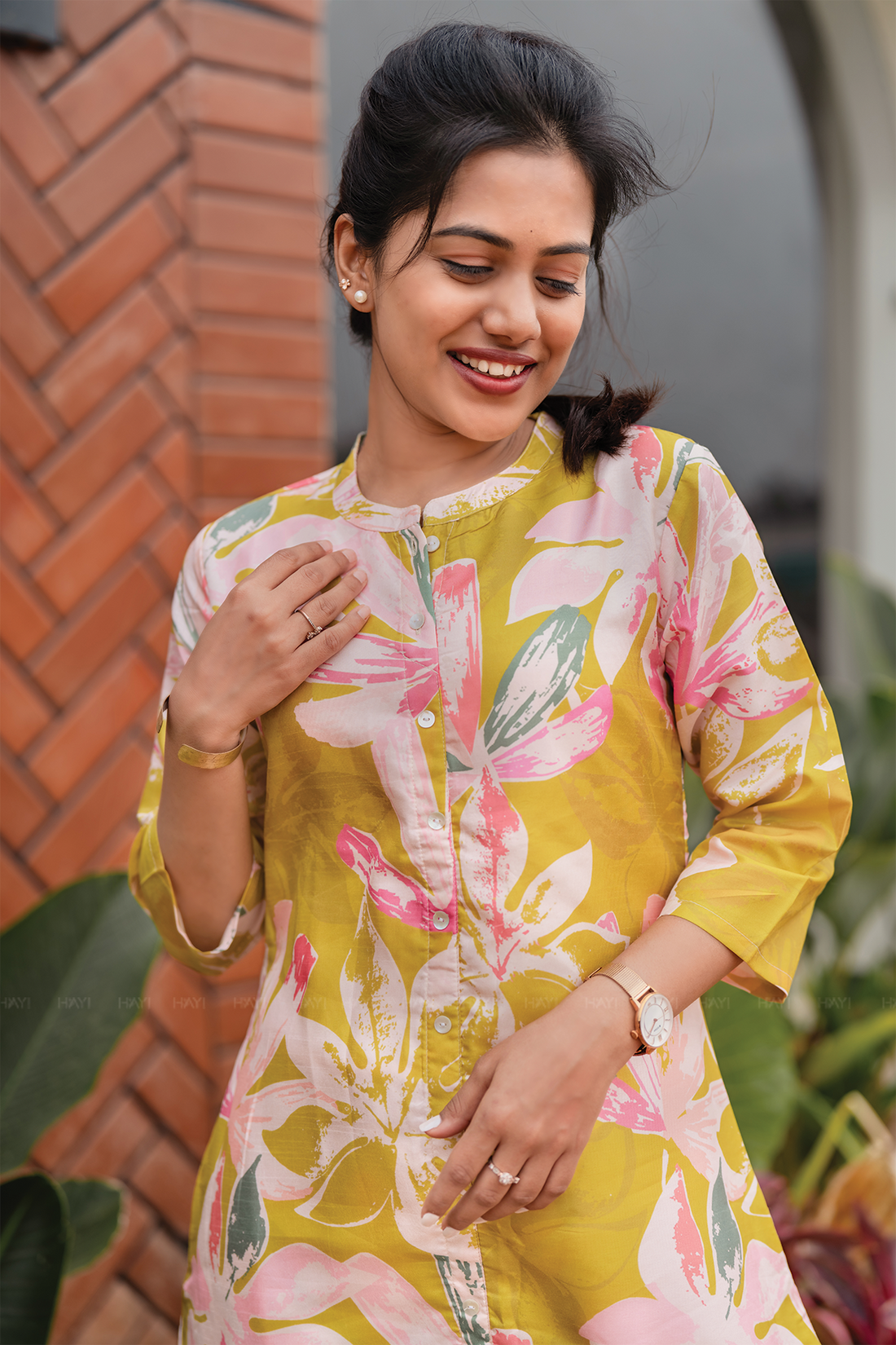 Shadow Leaf Yellow Silk Blend Co-ord with Chinese Collar Neck & 3/4th Sleeves