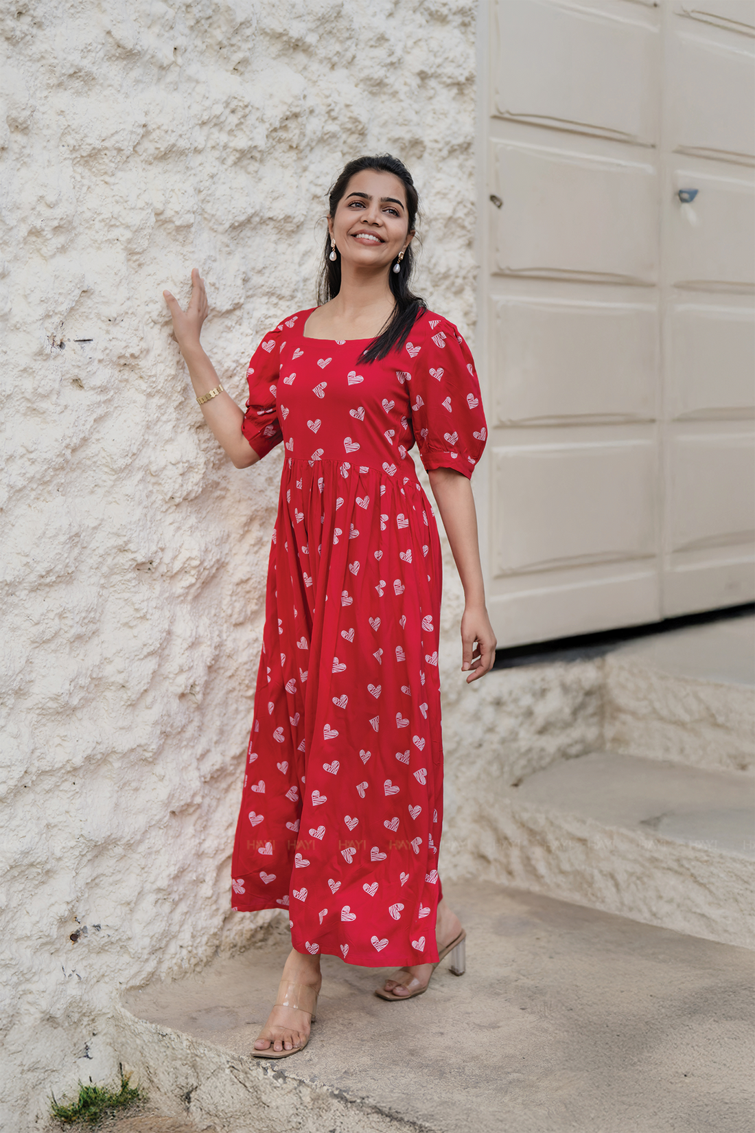 Heartspell Valentine Red Viscose Dress with Square Neck & Puff Sleeves with Cuff
