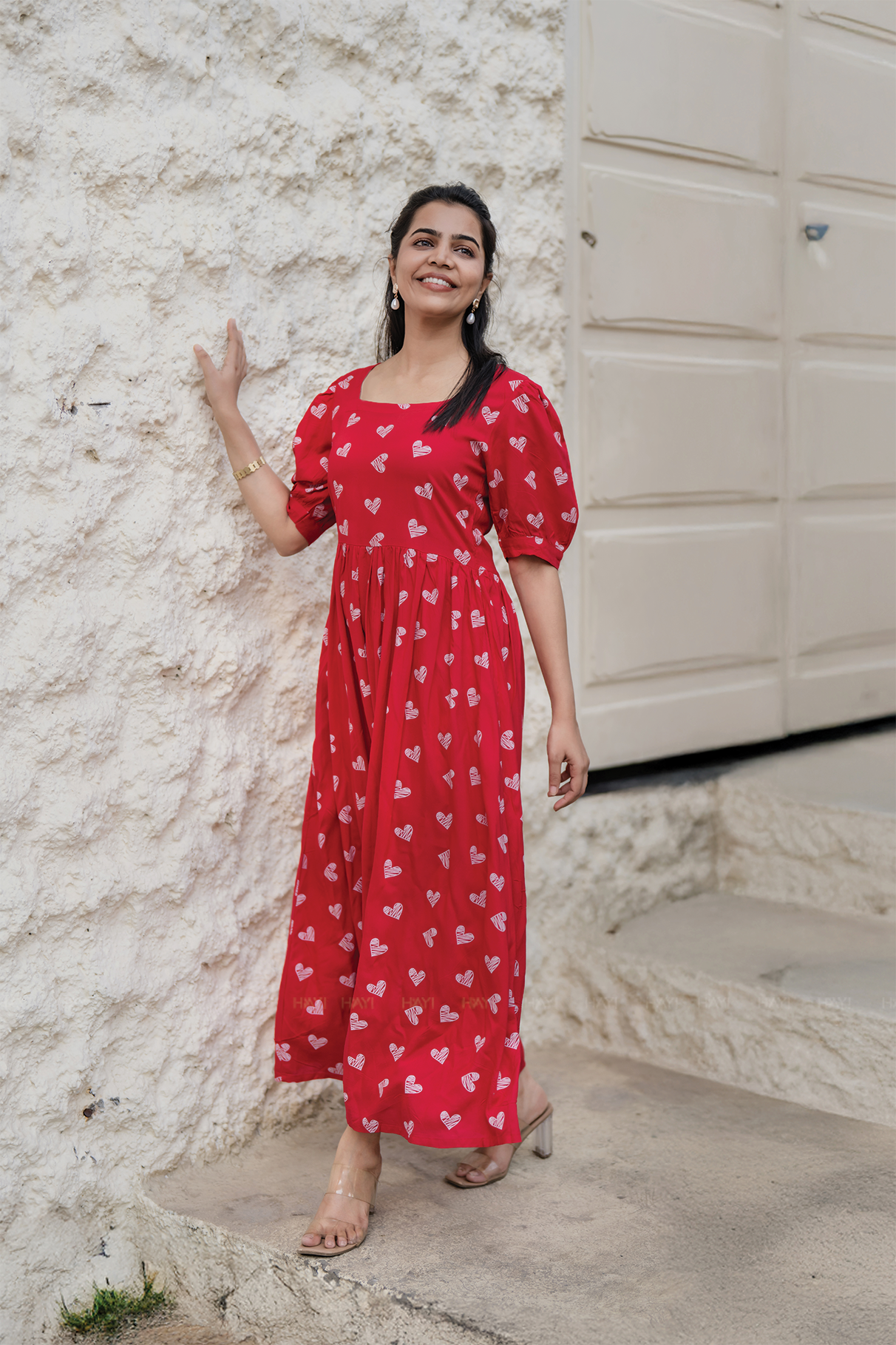 Heartspell Valentine Red Viscose Dress with Square Neck & Puff Sleeves with Cuff