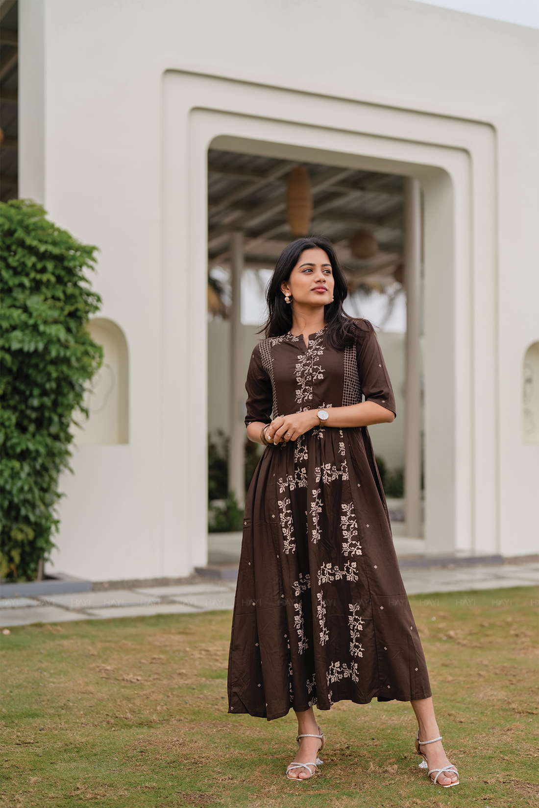 Caramel Flora Brown Viscose Dress with Chinese Collar Neck & Elbow Sleeves