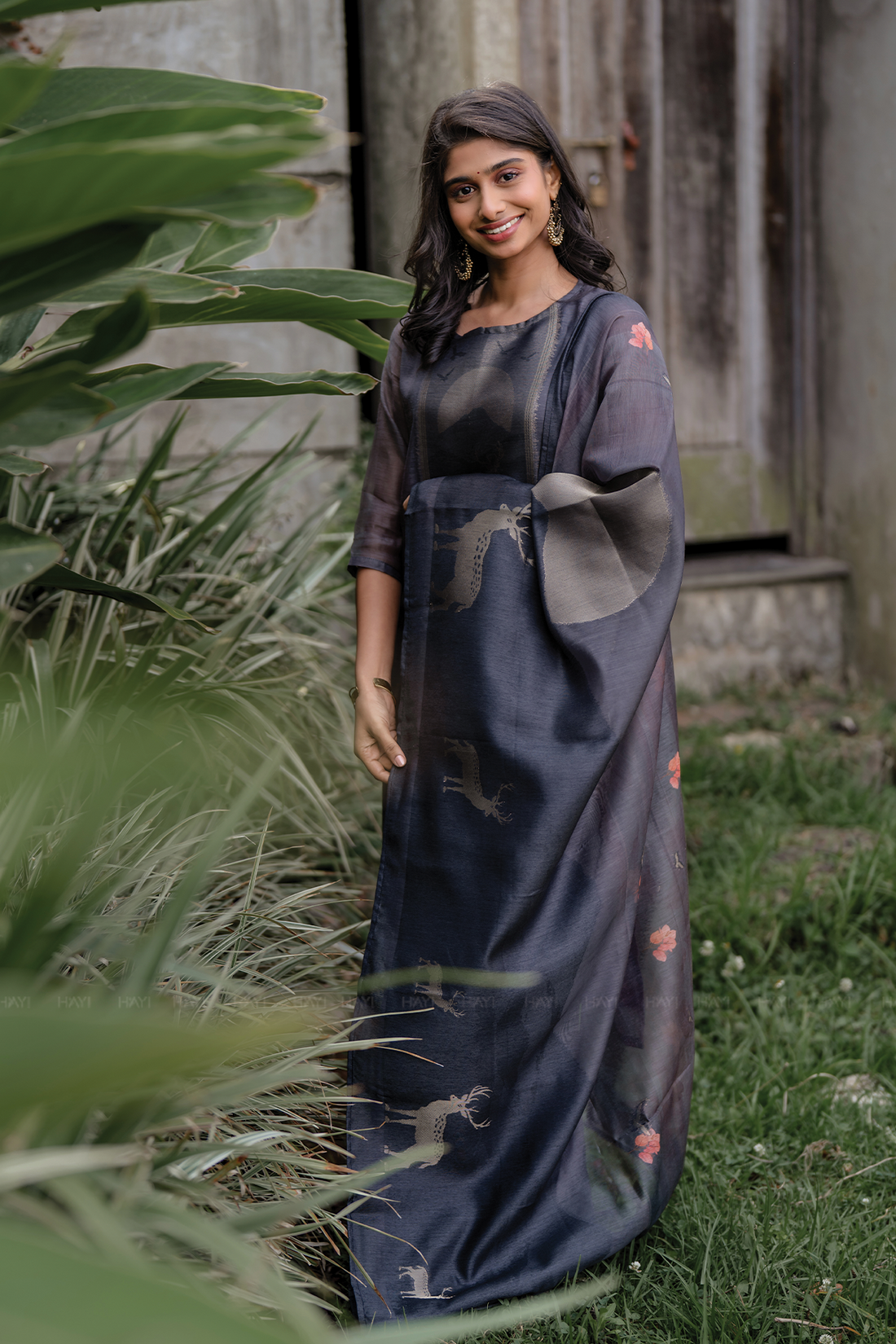 Graphite Elegance Printed Tussar Silk Kurta Set with Dupatta