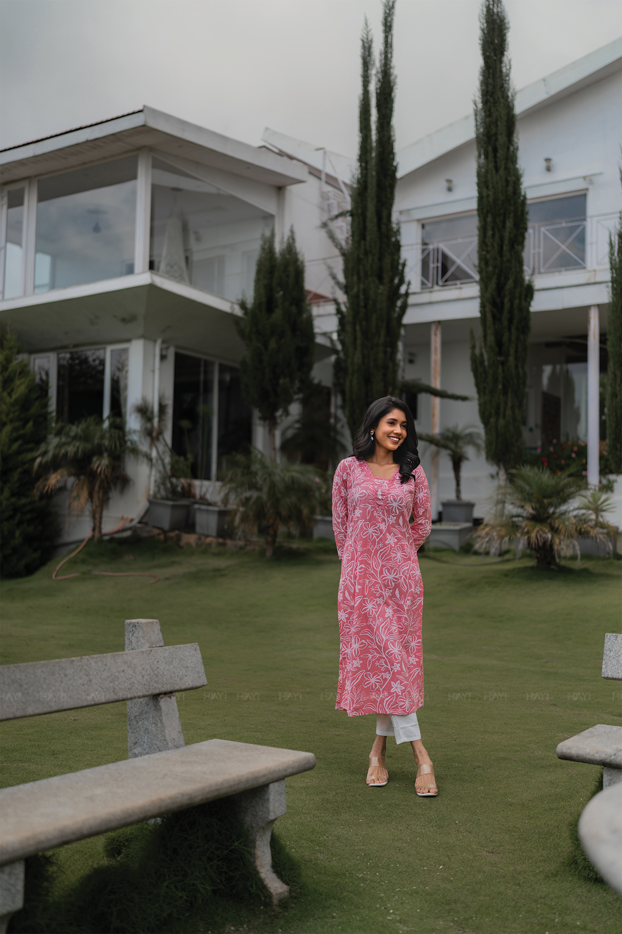 Mireya Roseline Pink Viscose Kurta with V-Neck & 3/4 Sleeves