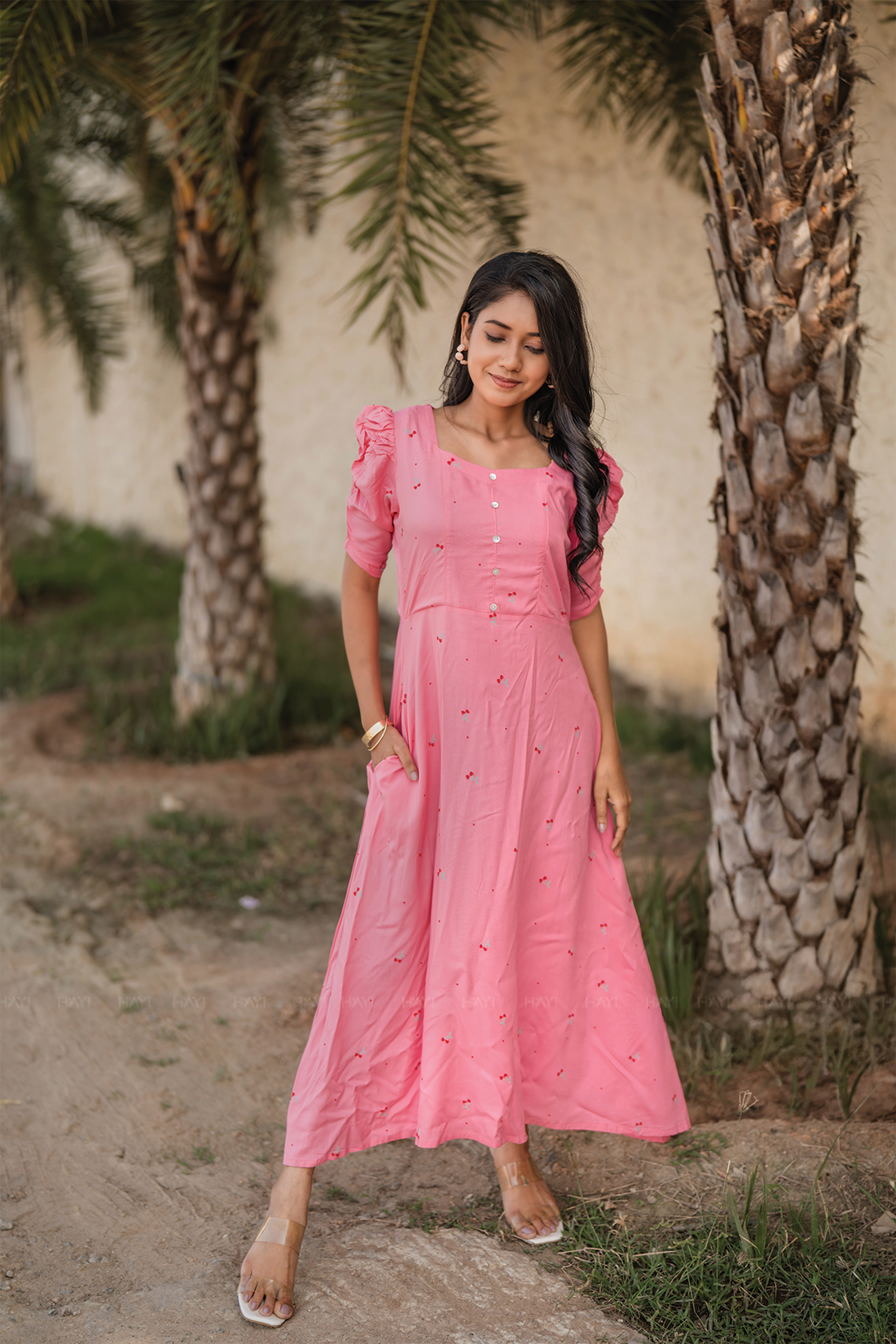 Blush Cascade Pink Viscose Dress with Sweetheart Neck & 3/4 Sleeves