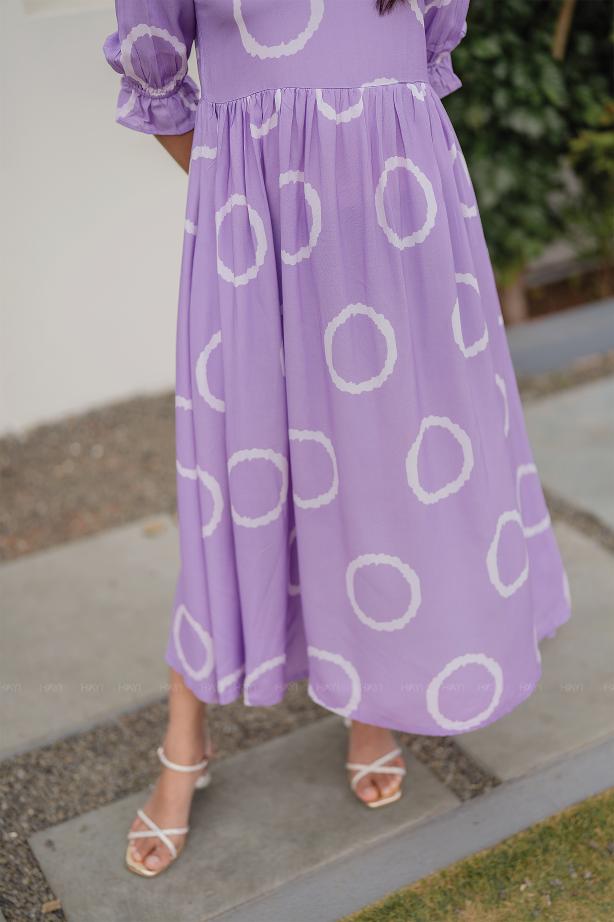 Lavender Ring Viscose Dress with Square Neckline & Puff Sleeve