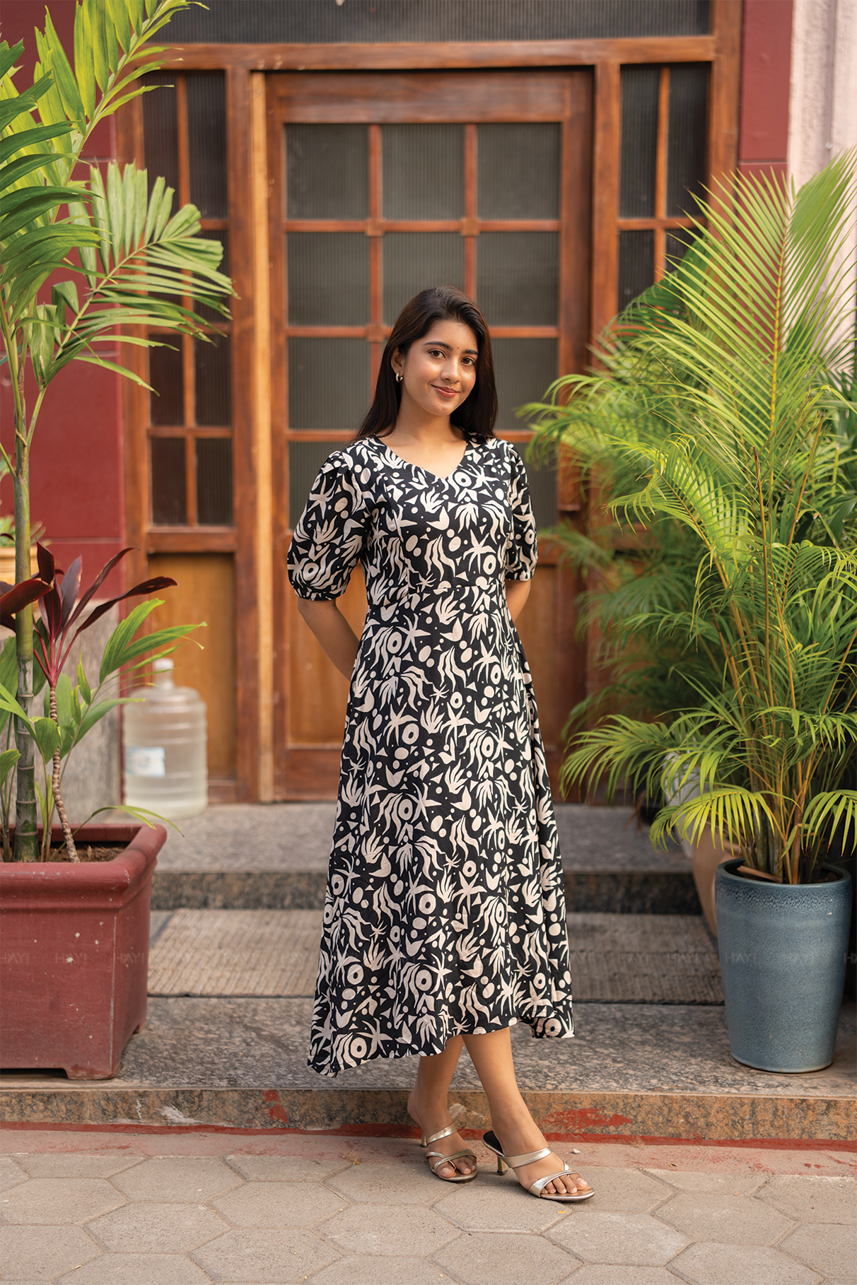 Luna Mist Dark Grey Printed Maternity and Feeding Viscose Dress