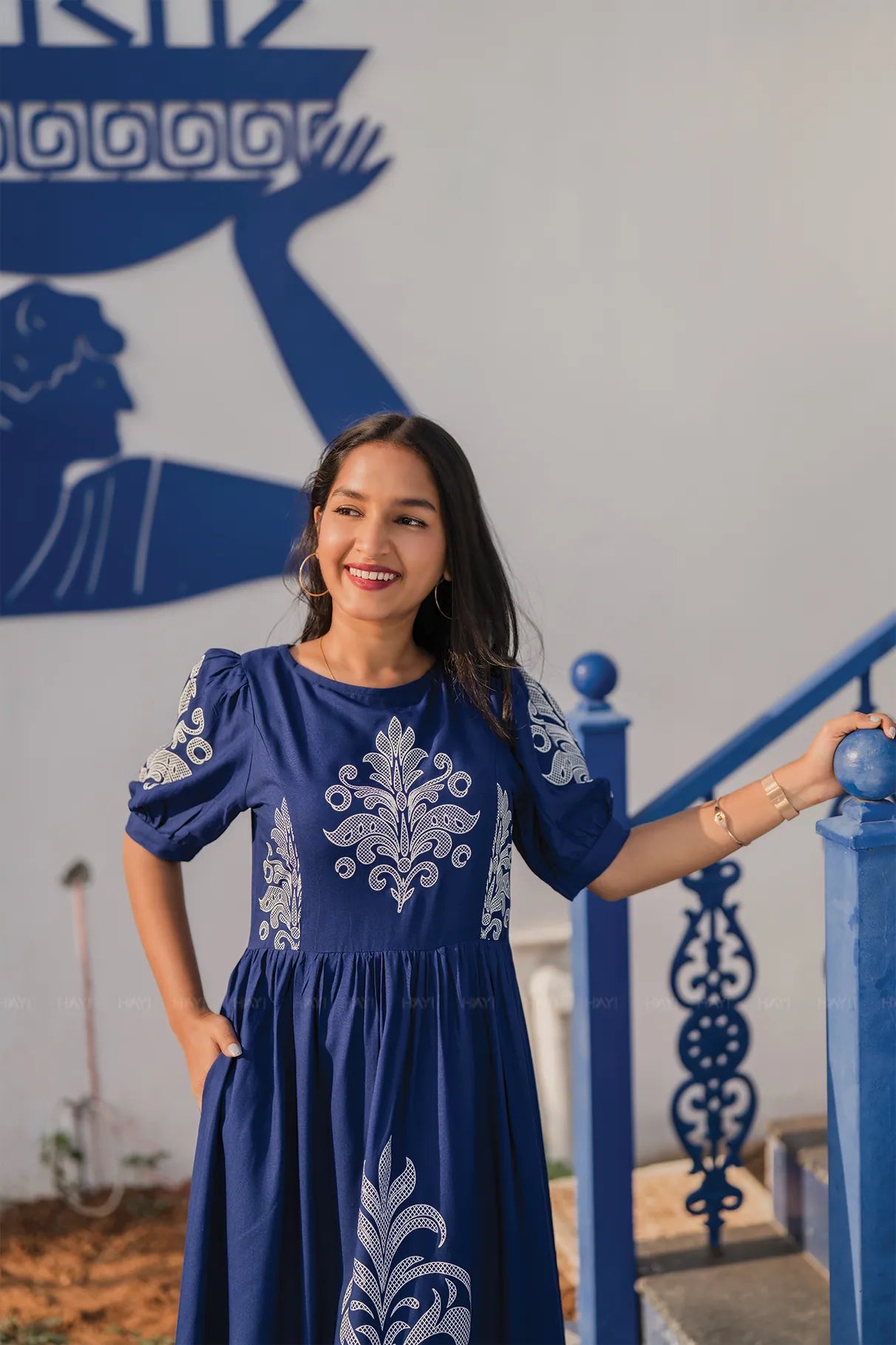 Ornate Panel Blue Viscose Dress with Boat Neck & Puff Sleeves