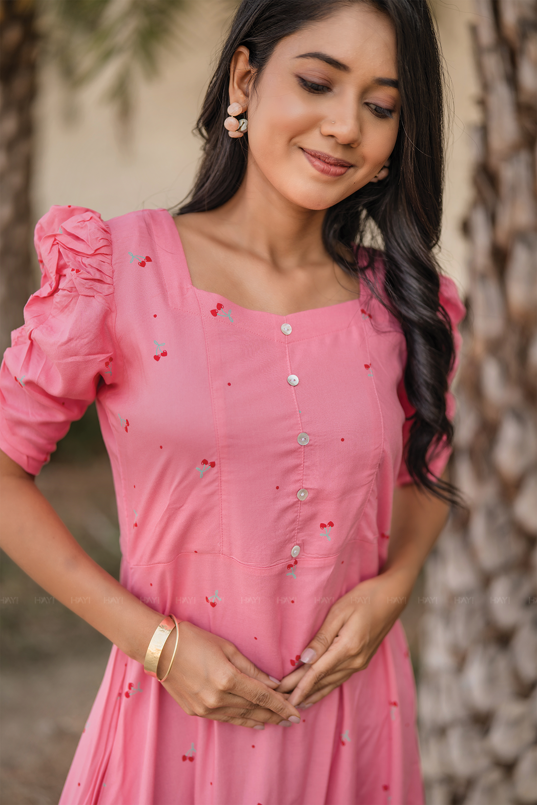 Blush Cascade Pink Viscose Dress with Sweetheart Neck & Ruched Sleeves
