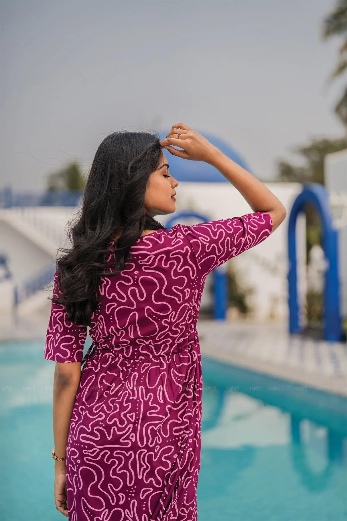 Tonal Wave Violet Viscose Dress with Round Neck & Elbow Sleeves