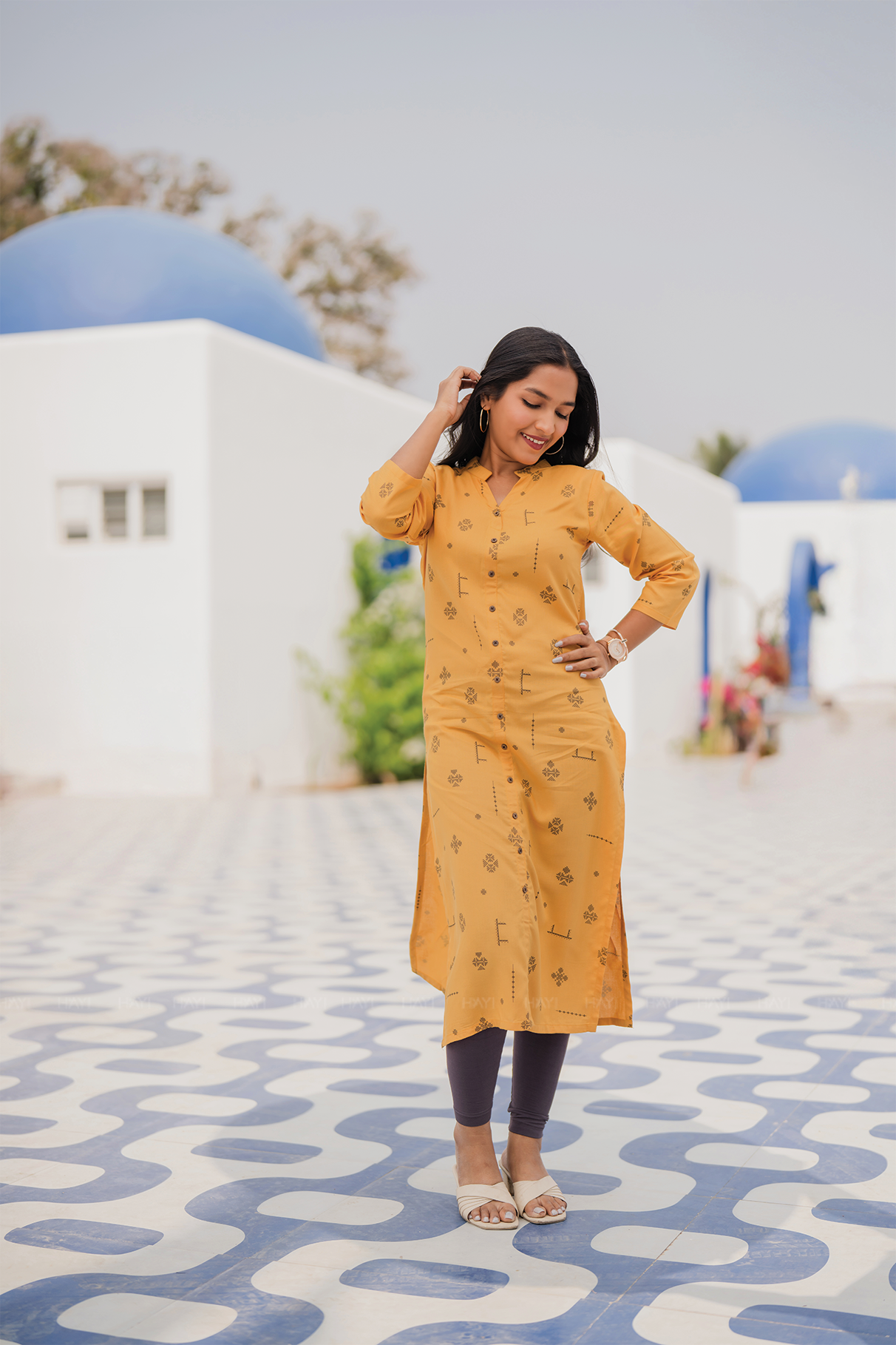 Terra Stitch Yellow Viscose Kurta with Chinese Collar & 3/4 Sleeves