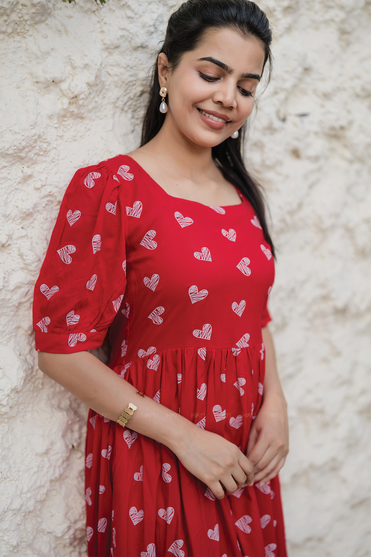 Heartspell Valentine Red Viscose Dress with Square Neck & Puff Sleeves with Cuff