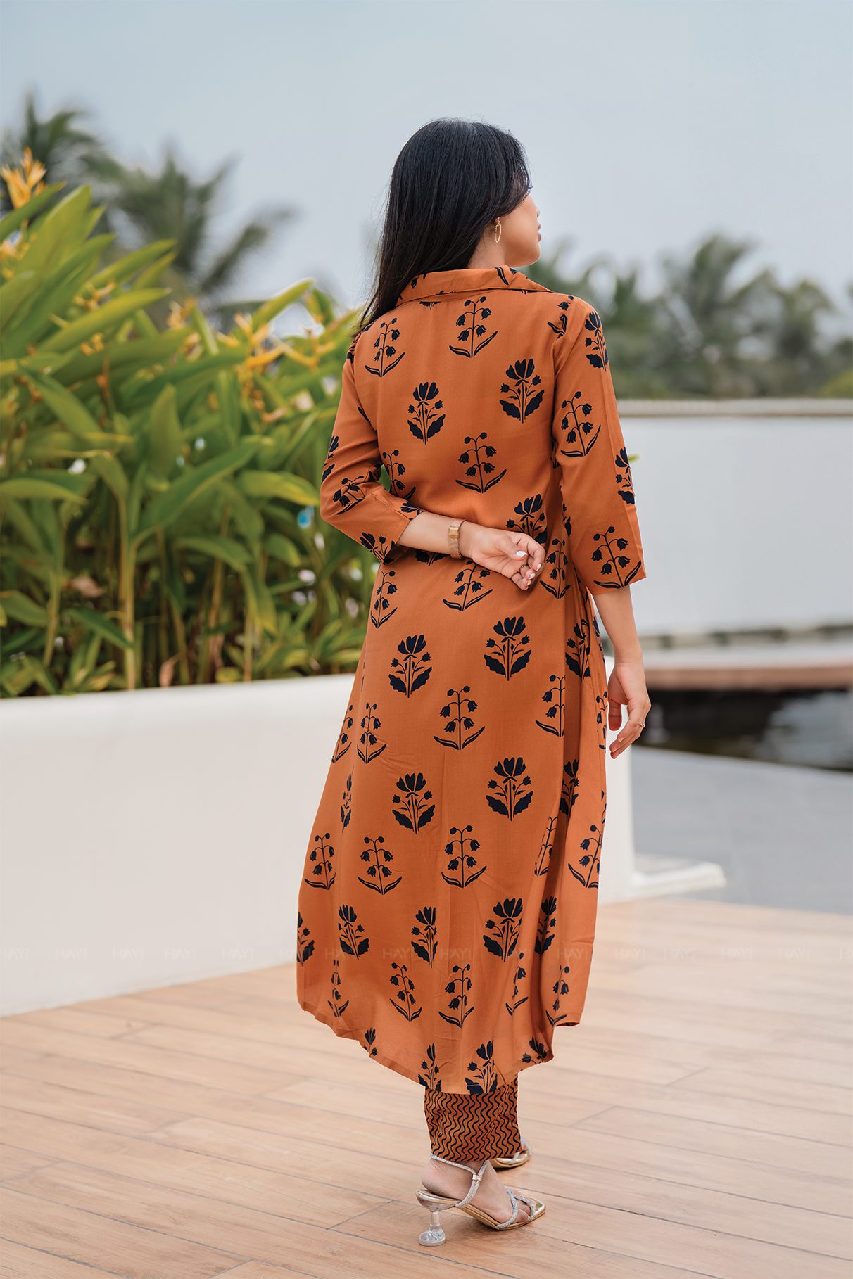 Muds Tone Orange Viscose Co-ord with Shirt Neckline & 3/4th Sleeves