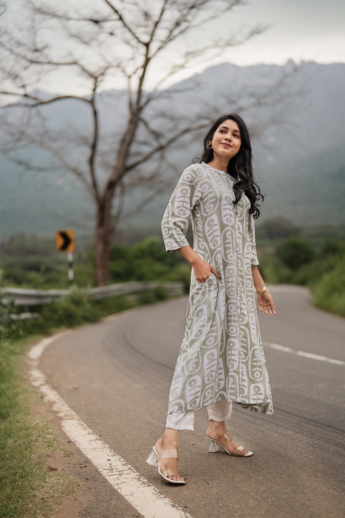 Greenwhirl Viscose A-Line Kurta with Chinese Collar & 3/4th Sleeves