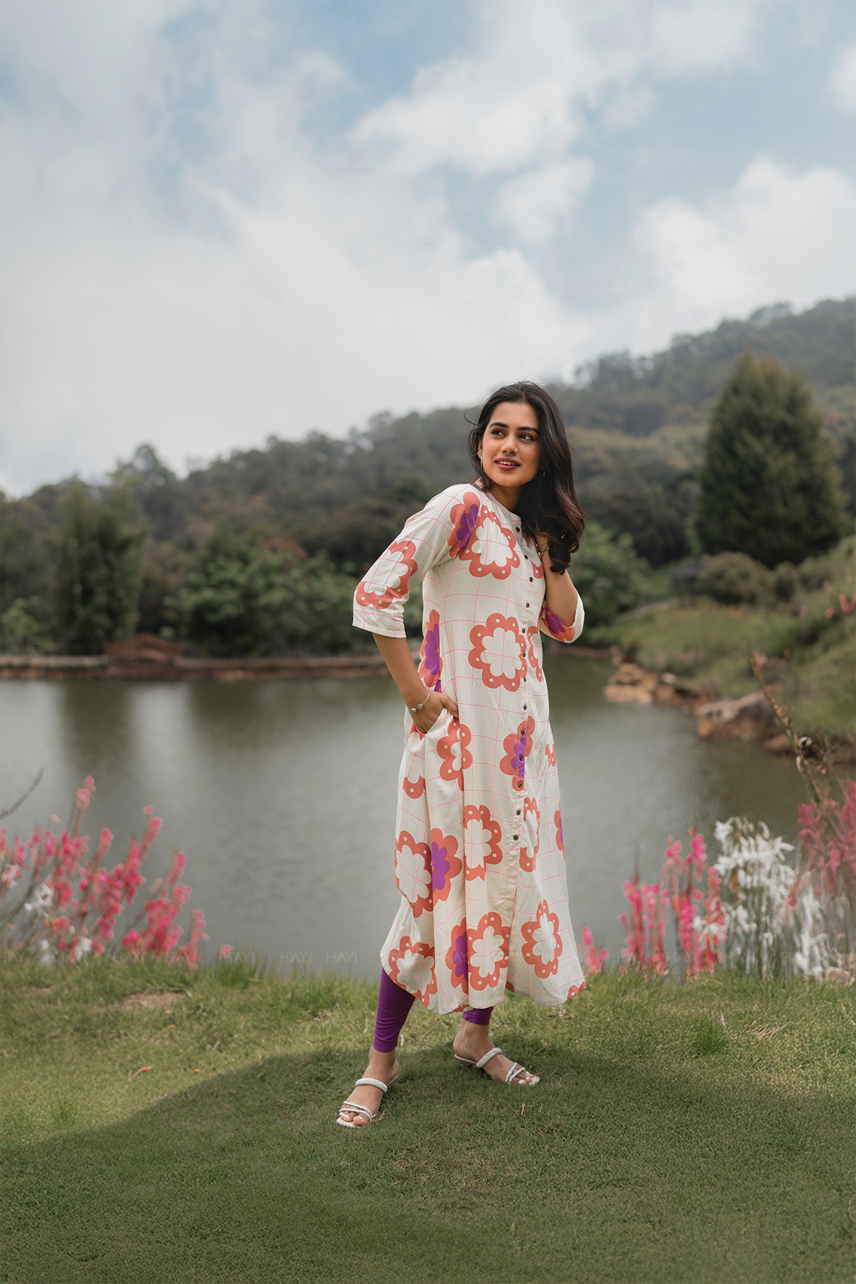 Floracheck Enchant Beige Viscose A-Line Kurta with Chinese Collar & 3/4th Sleeves