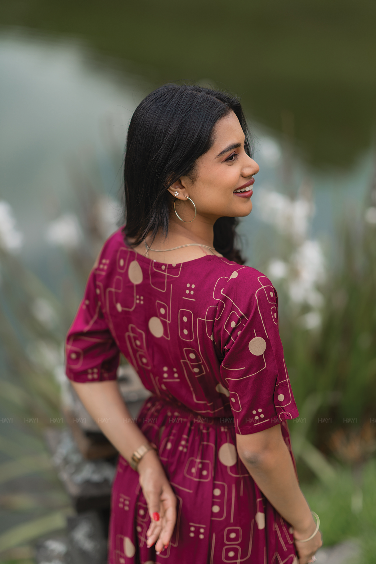 MatrixElegance Maroon Viscose with V-Neck & Flared Elbow Sleeves