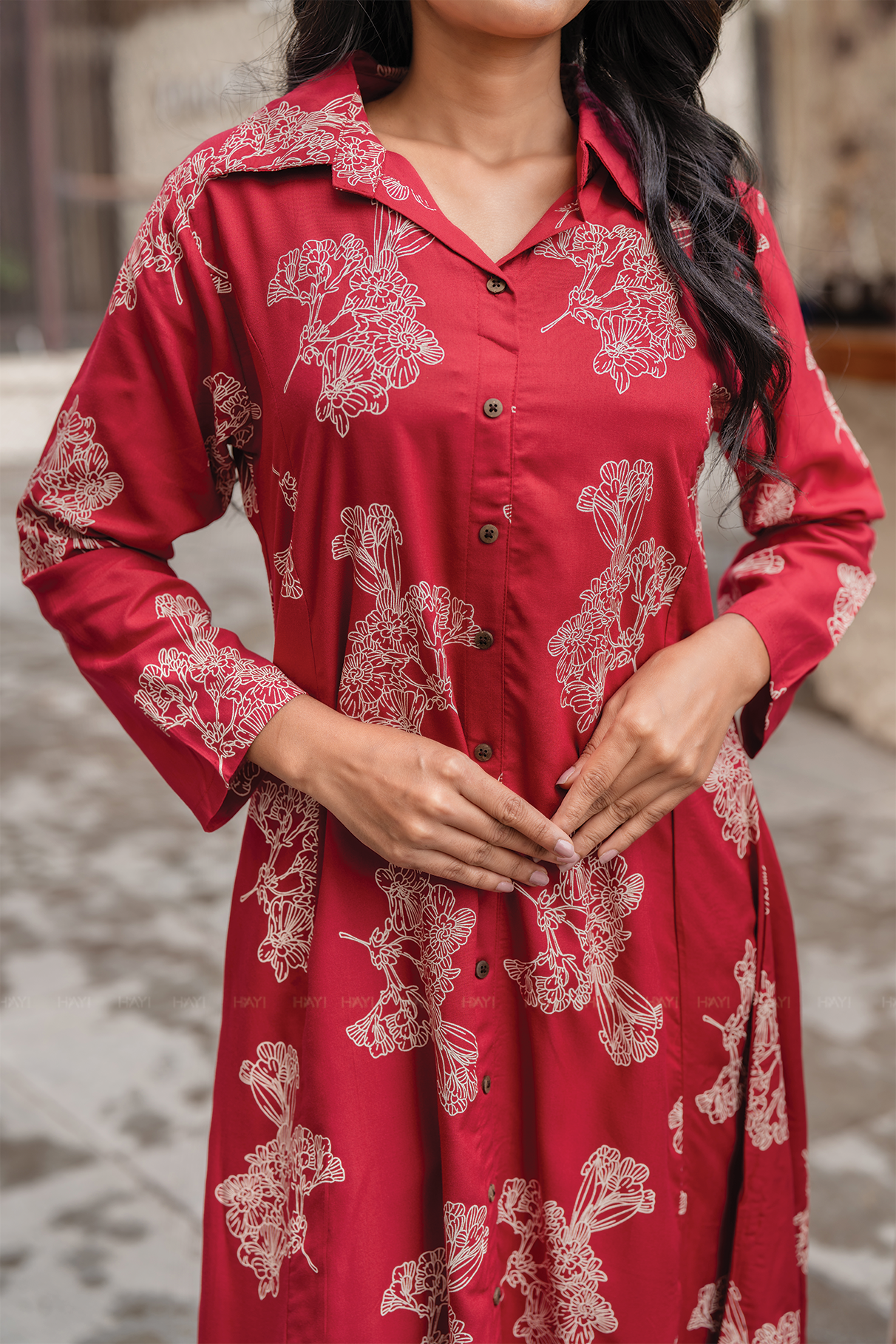 Flora Ensemble Red Viscose Co-ord with Shirt Collar & 3/4th Sleeves