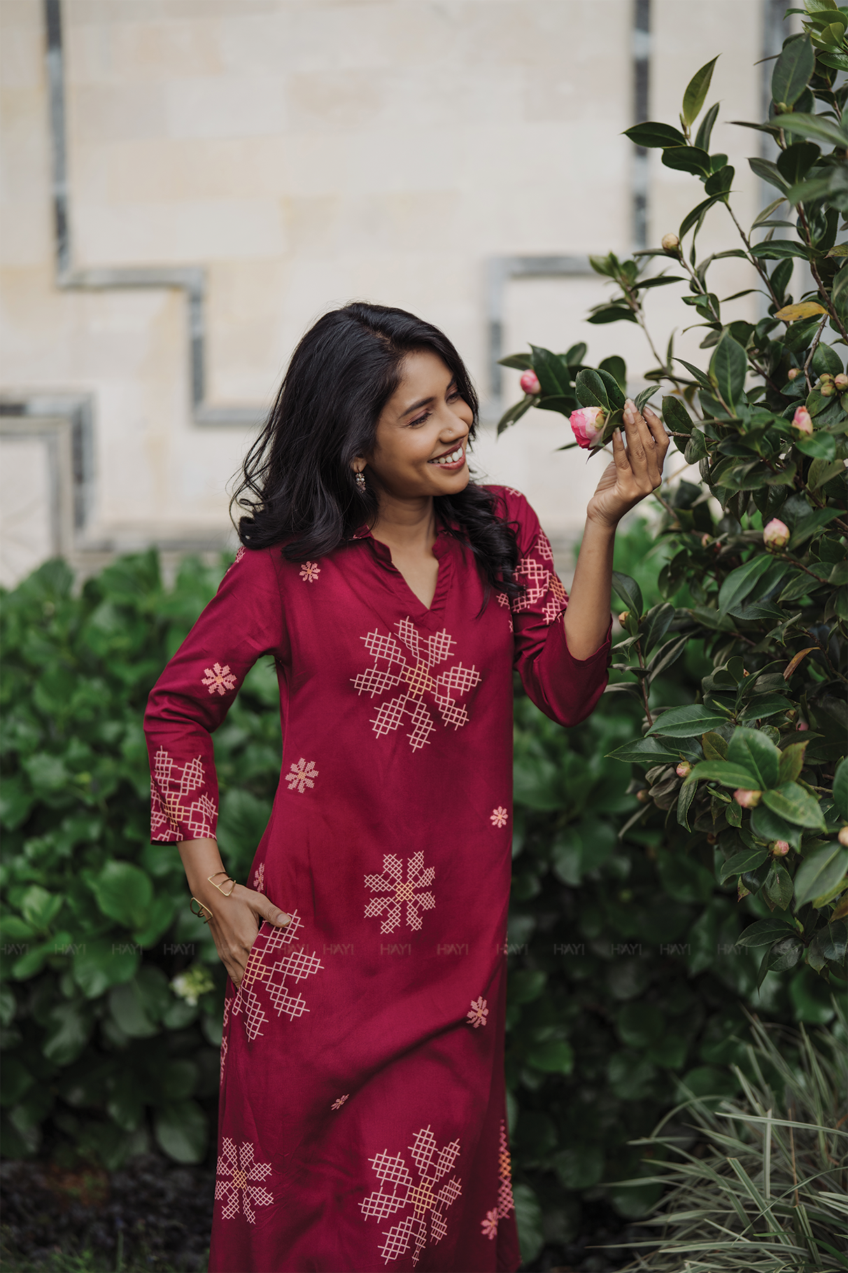 Maroon Mosaic Viscose Co-ord with Shirt Collar & 3/4th Sleeves