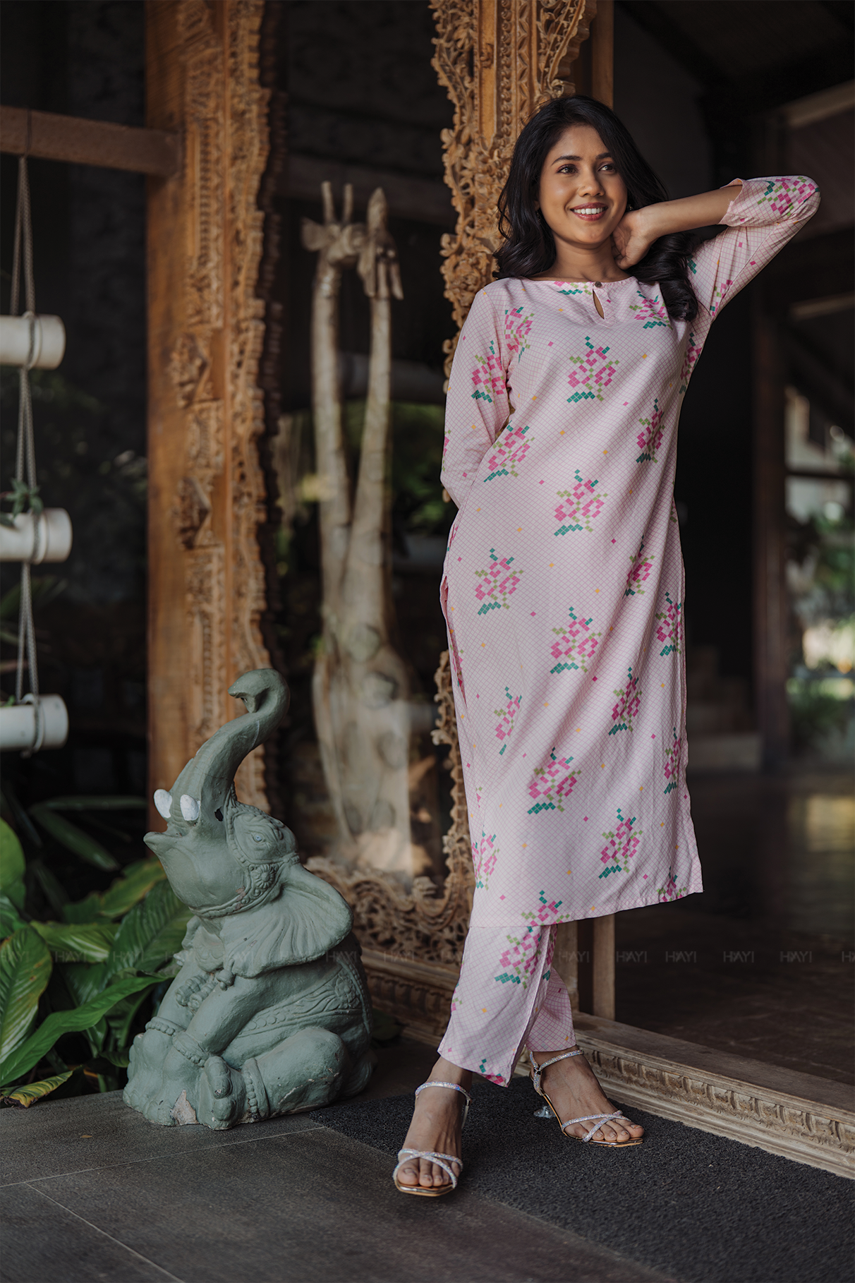 Petal Pixel Charm Pink Viscose Co-ord with Boat Neck & 3/4th Sleeves