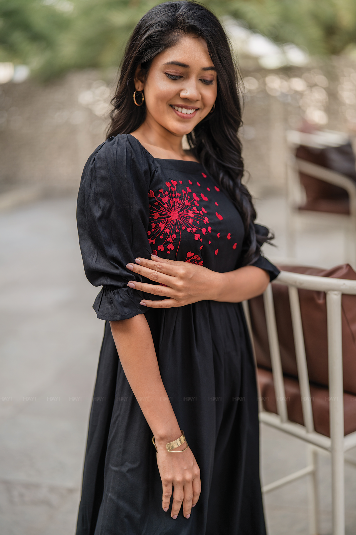 Wounded Rose Black Viscose Embroidered Dress with Square Neck & Elasticated Frill Sleeve Cuffs