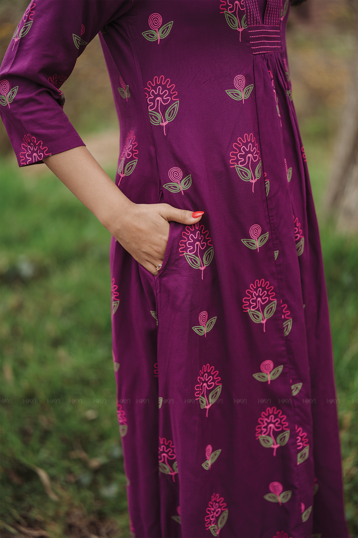 Twilight Flower Violet Viscose Co-ord with Chinese Collar & 3/4th Sleeves