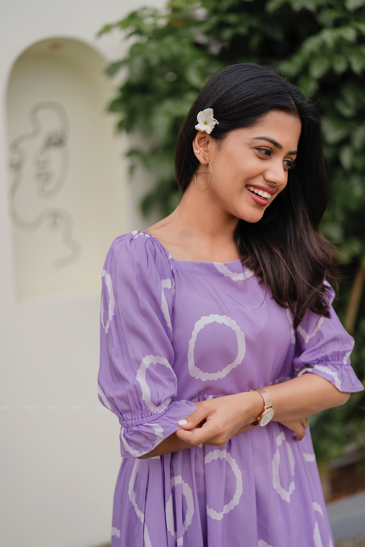 Lavender Ring Viscose Dress with Square Neckline & Puff Sleeve