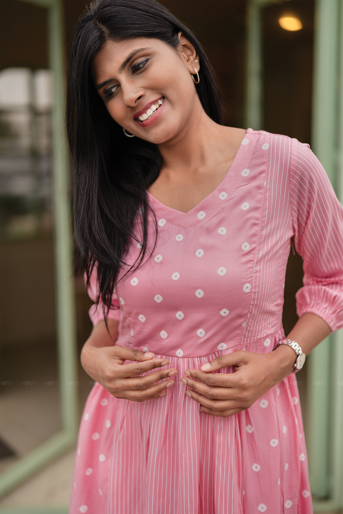 Blush Dot Pink Viscose Dress with V-Neck & 3/4 Sleeves