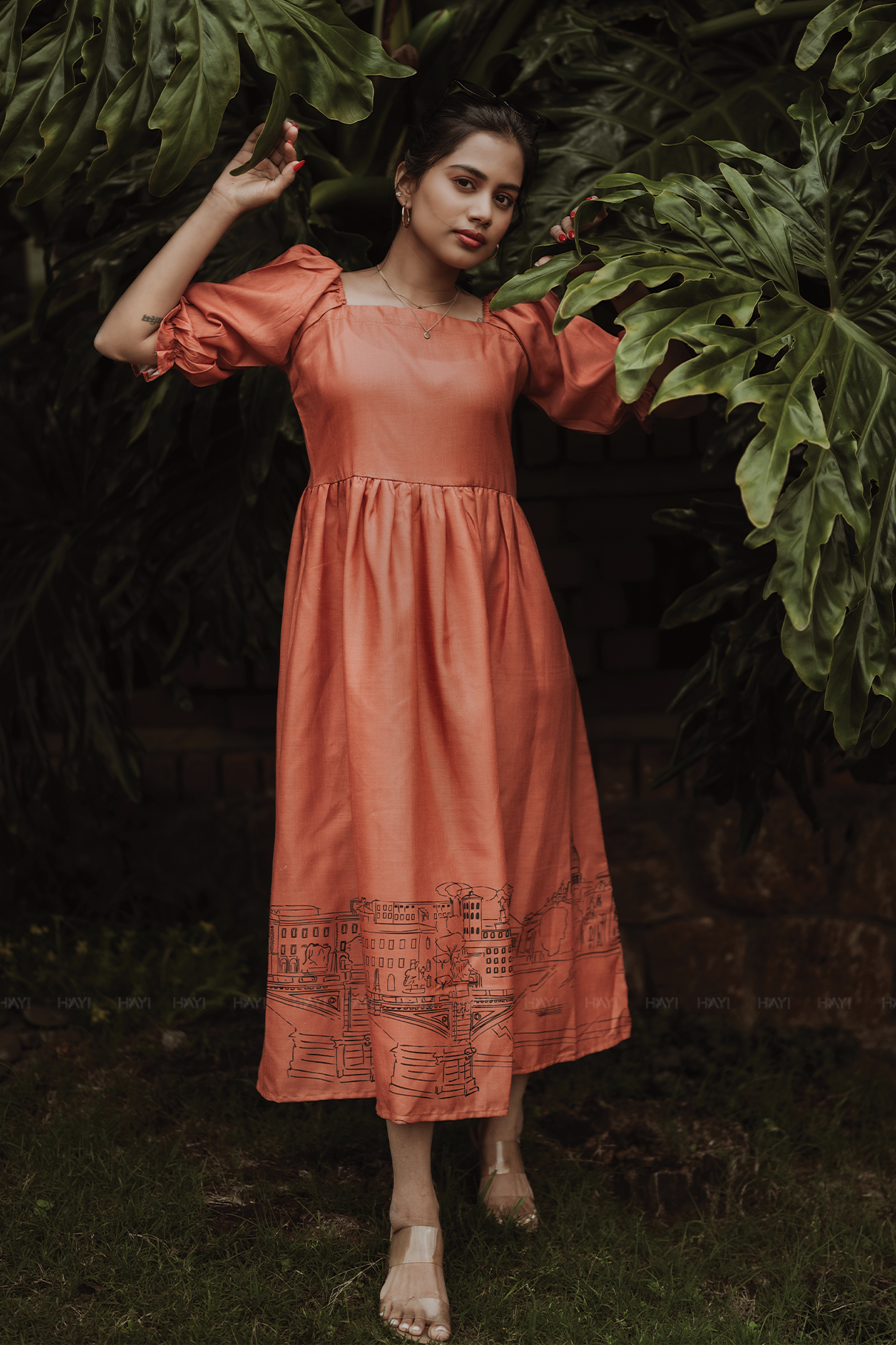 Rustic Cityline Orange Viscose with Square Neck & Puff Frill Sleeves