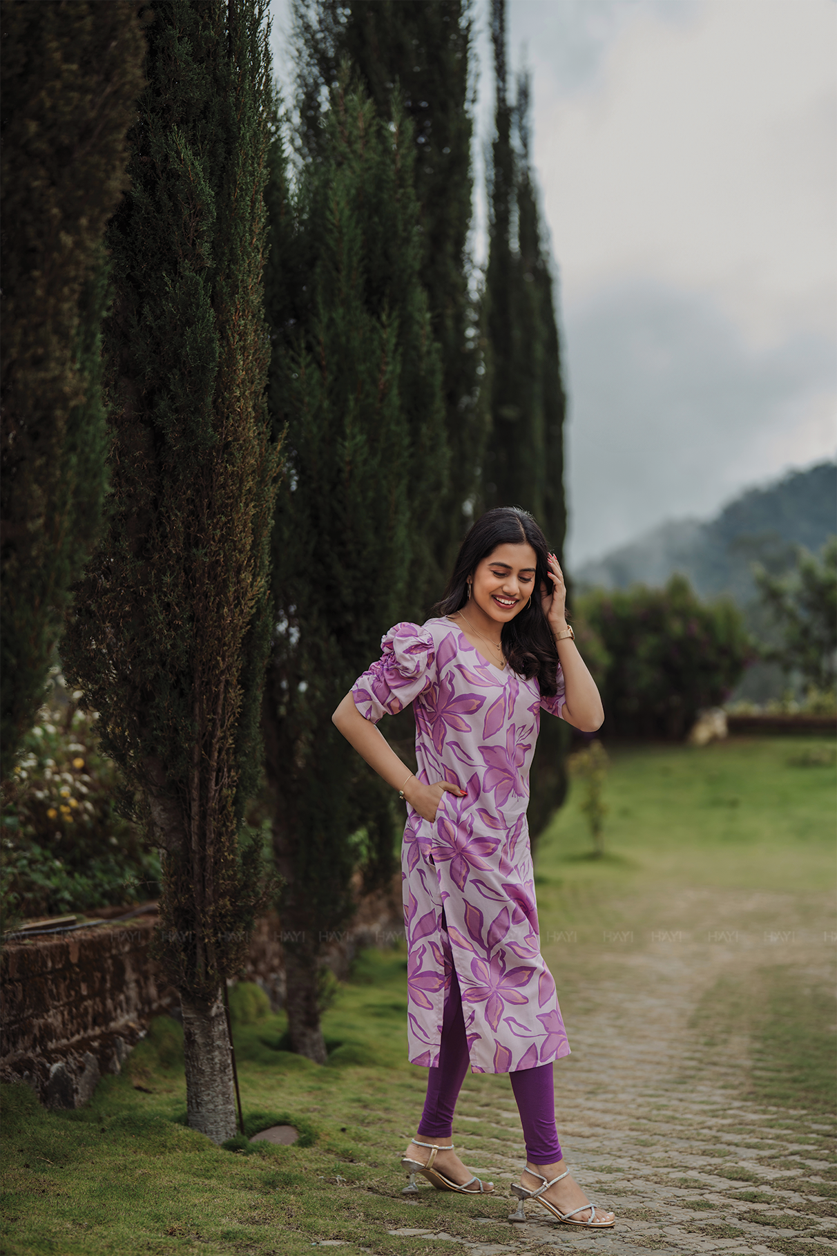 Meadow Grace Lavender Viscose Kurta with V-Neckline & Ruched Sleeves