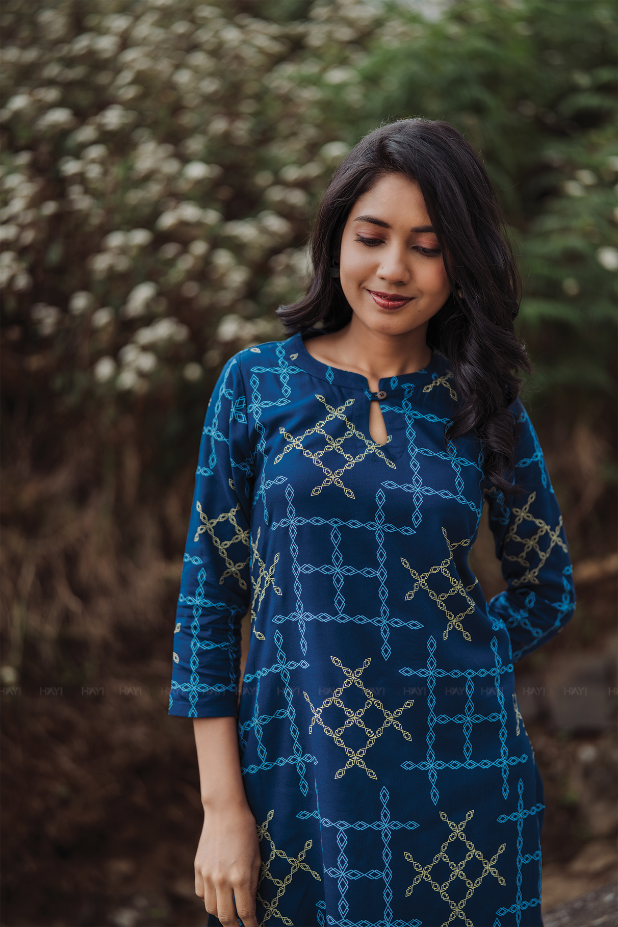 Starlink Grace Navy Viscose Kurta with Chinese Collar & 3/4 Sleeves