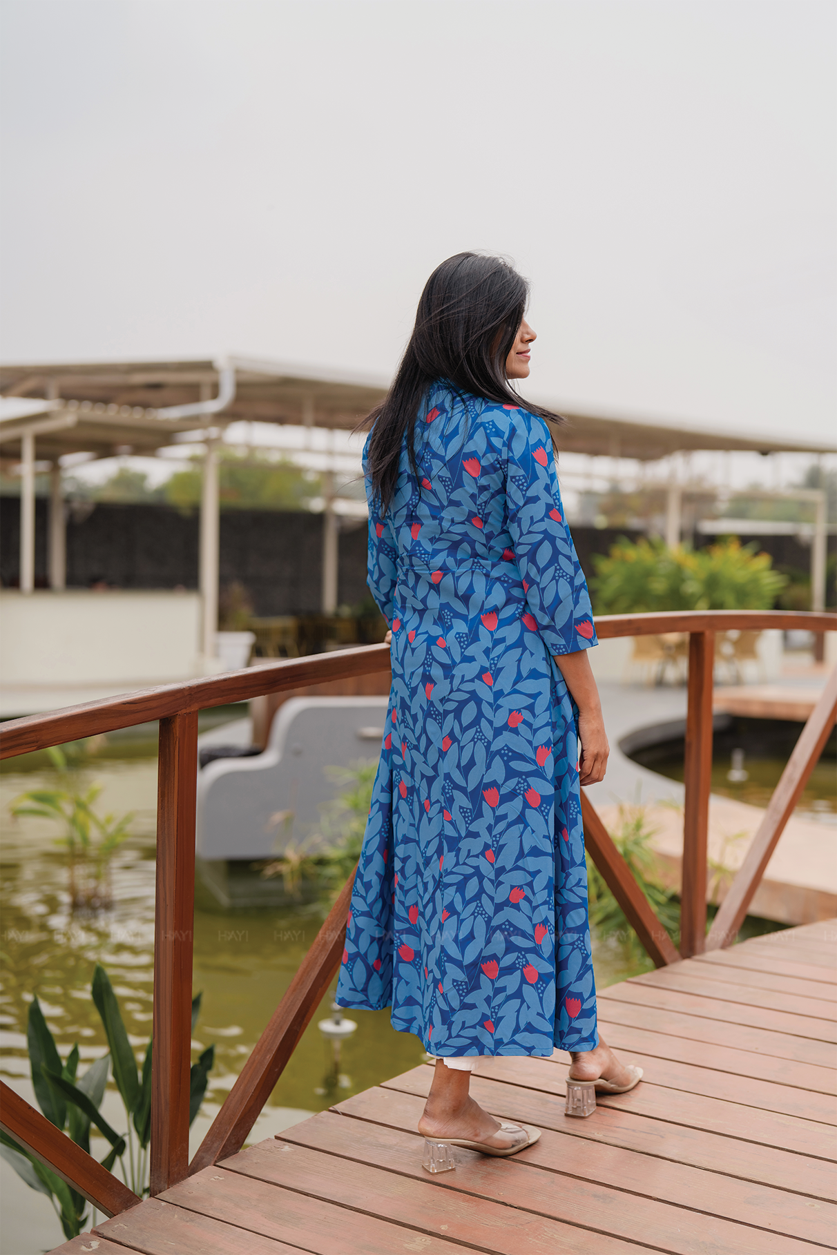 Bloomie Blue Viscose A-Line Kurta with Chinese Collar & 3/4 Sleeves