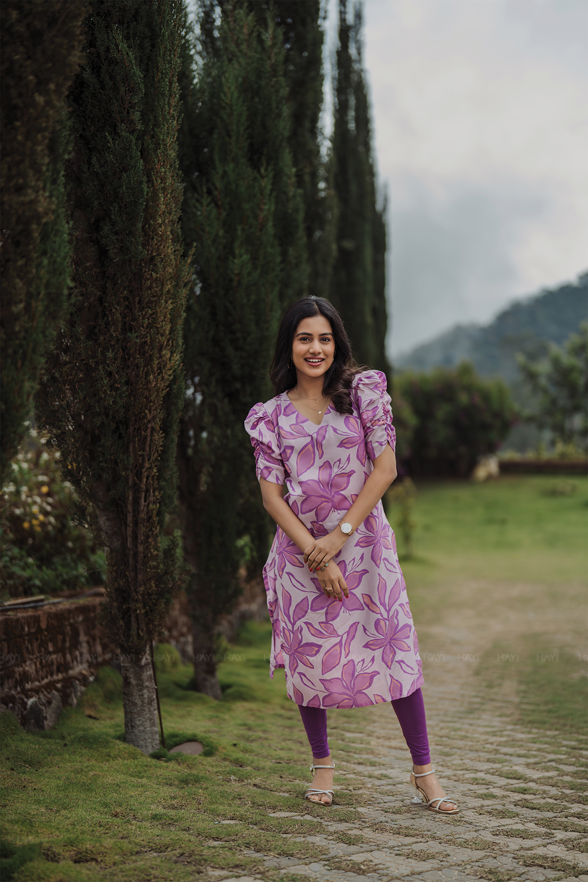 Meadow Grace Lavender Viscose Kurta with V-Neckline & Ruched Sleeves