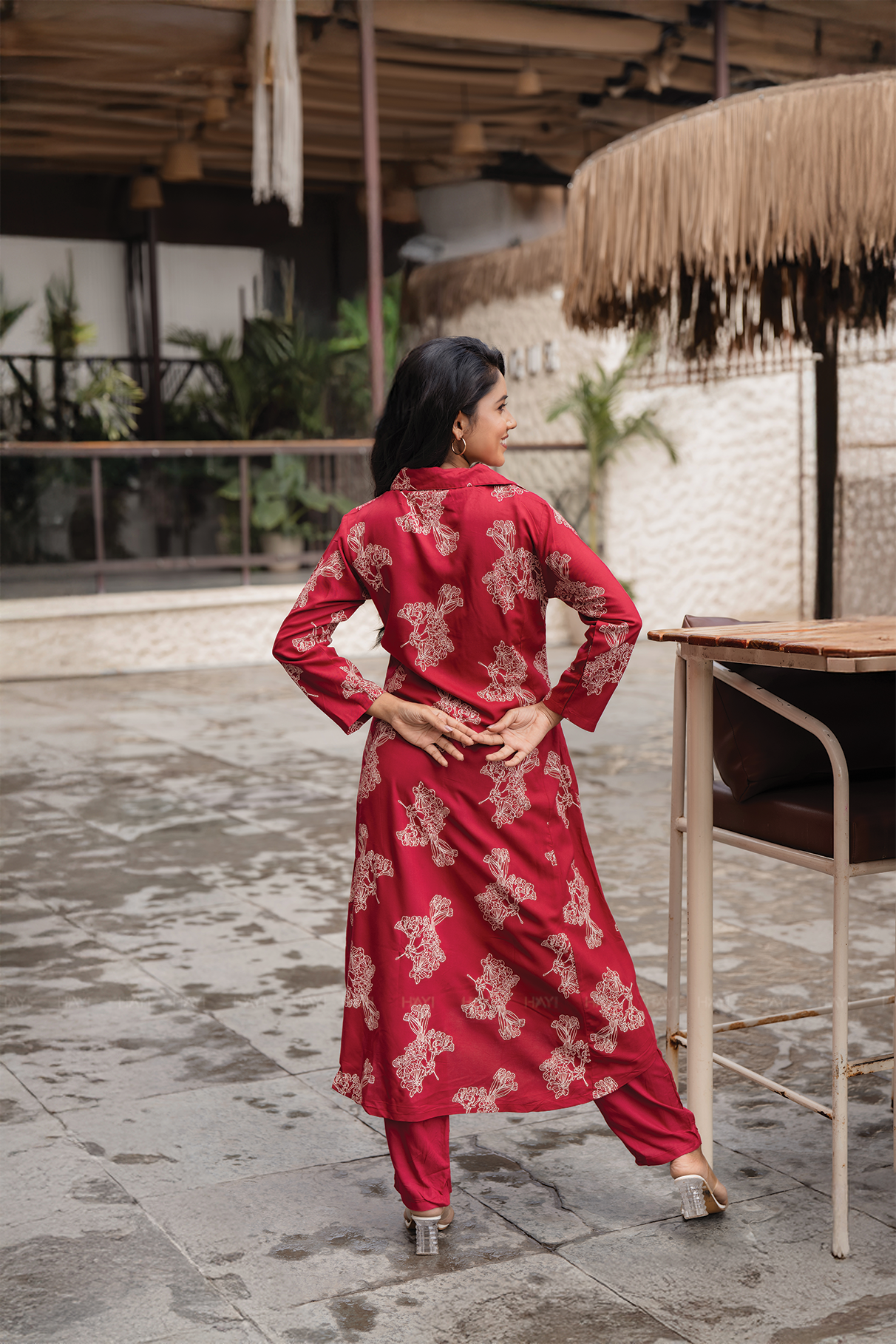 Flora Ensemble Red Viscose Co-ord with Shirt Collar & 3/4th Sleeves