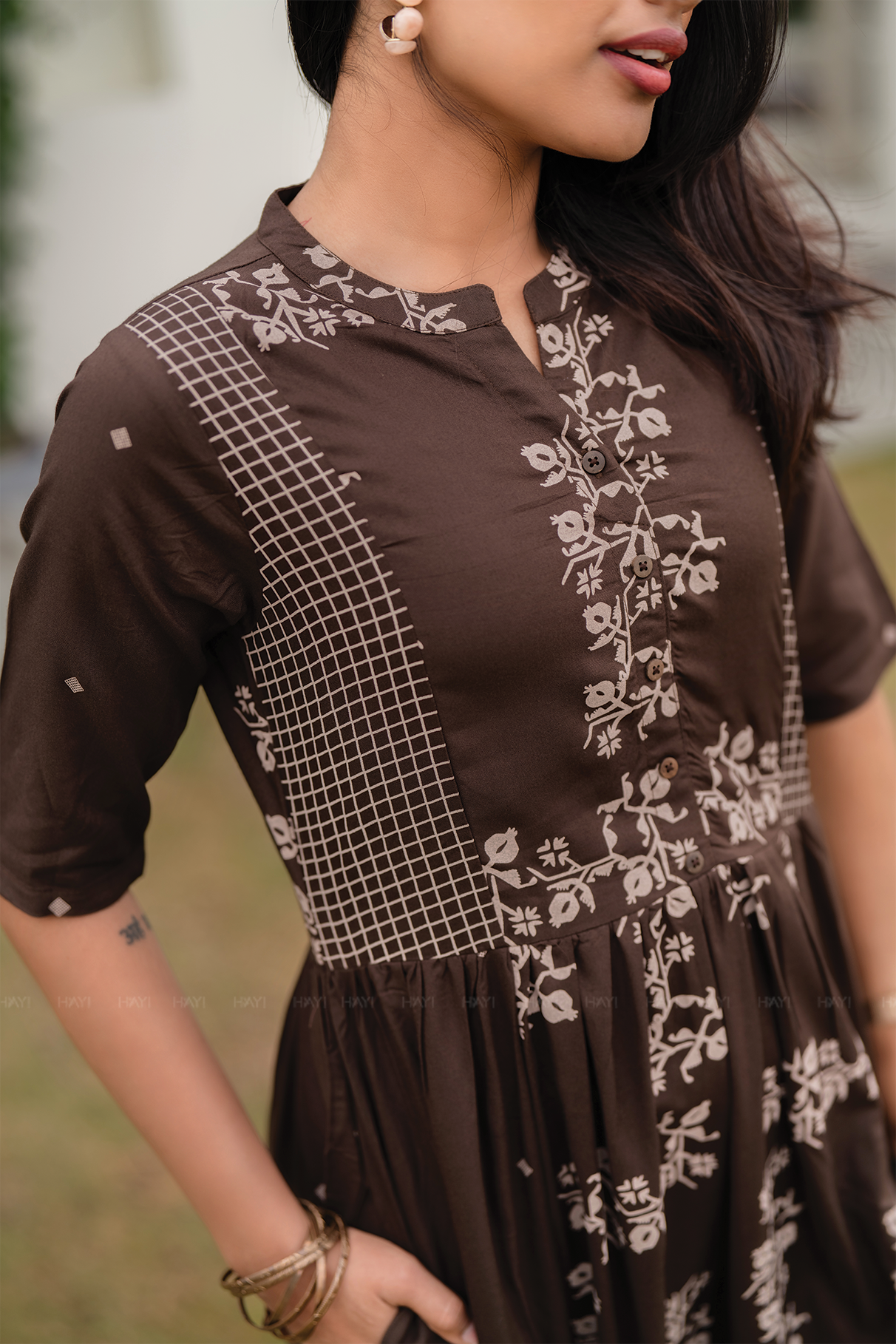 Caramel Flora Brown Viscose Dress with Chinese Collar Neck & Elbow Sleeves