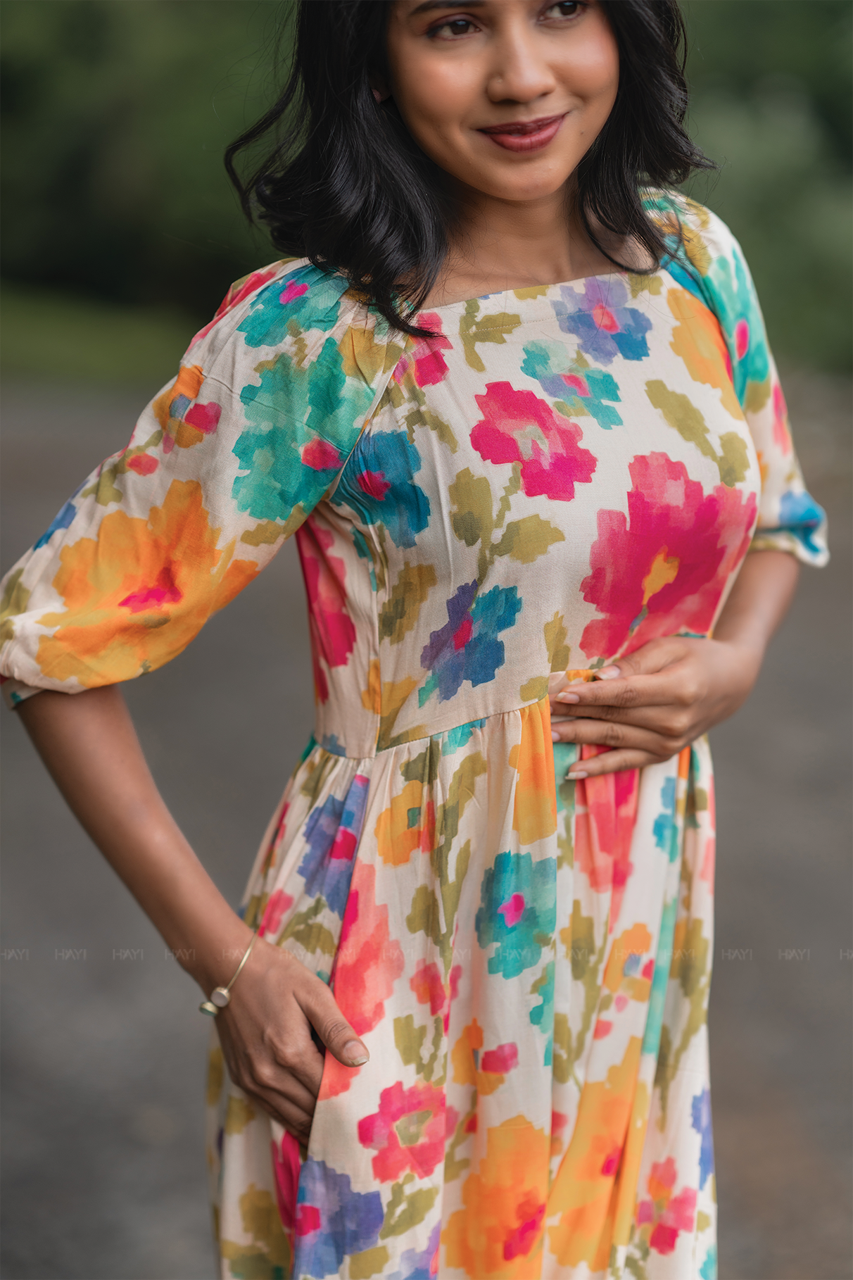 Sunblossom Breeze Beige Viscose Floral Dress with Square Neck & Puff Sleeves